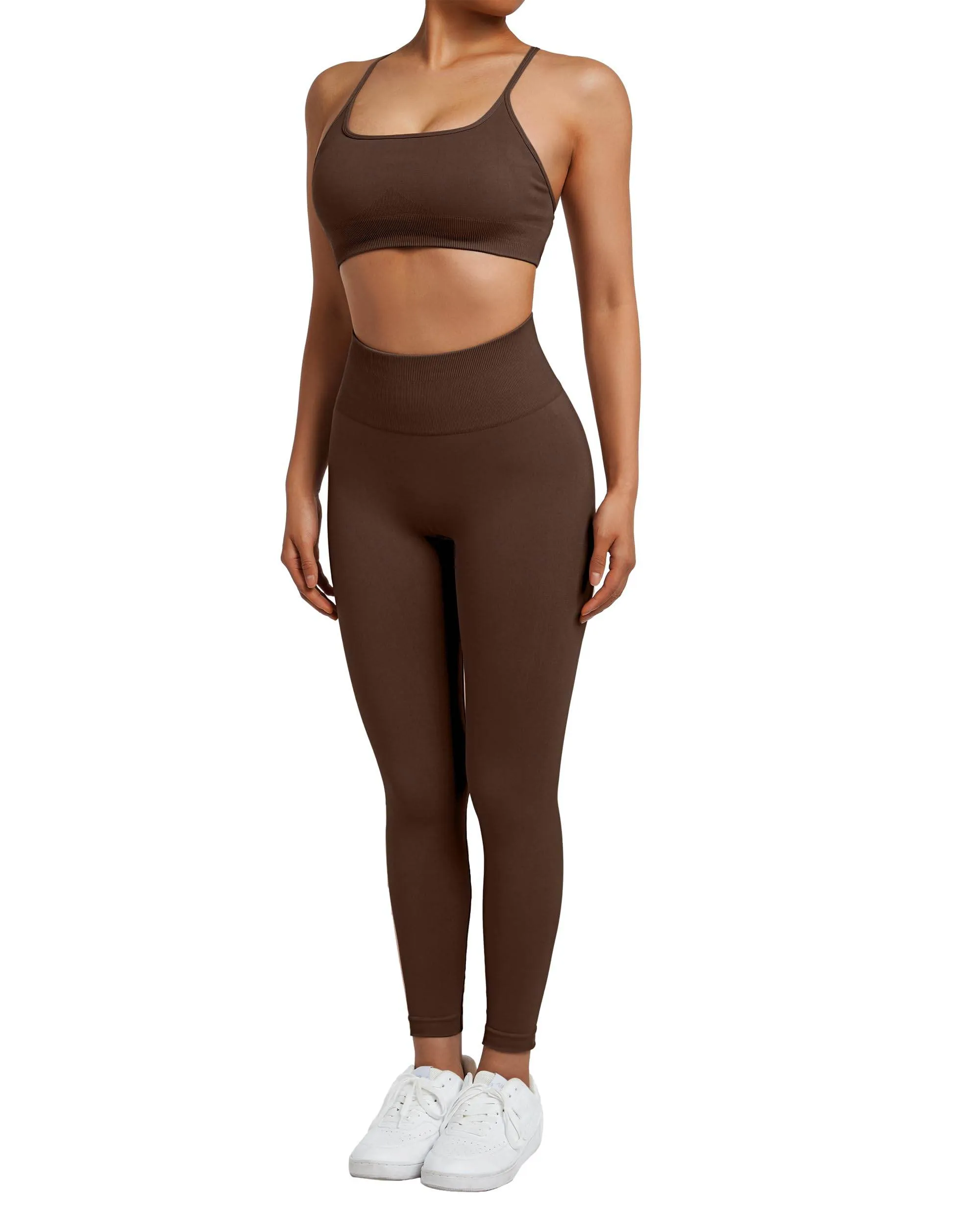 SUUKSESS Women Seamless 2 piece Workout Sets Strappy Padded Sports Bra Booty High Waisted Leggings Outfits (Deep Brown,S)