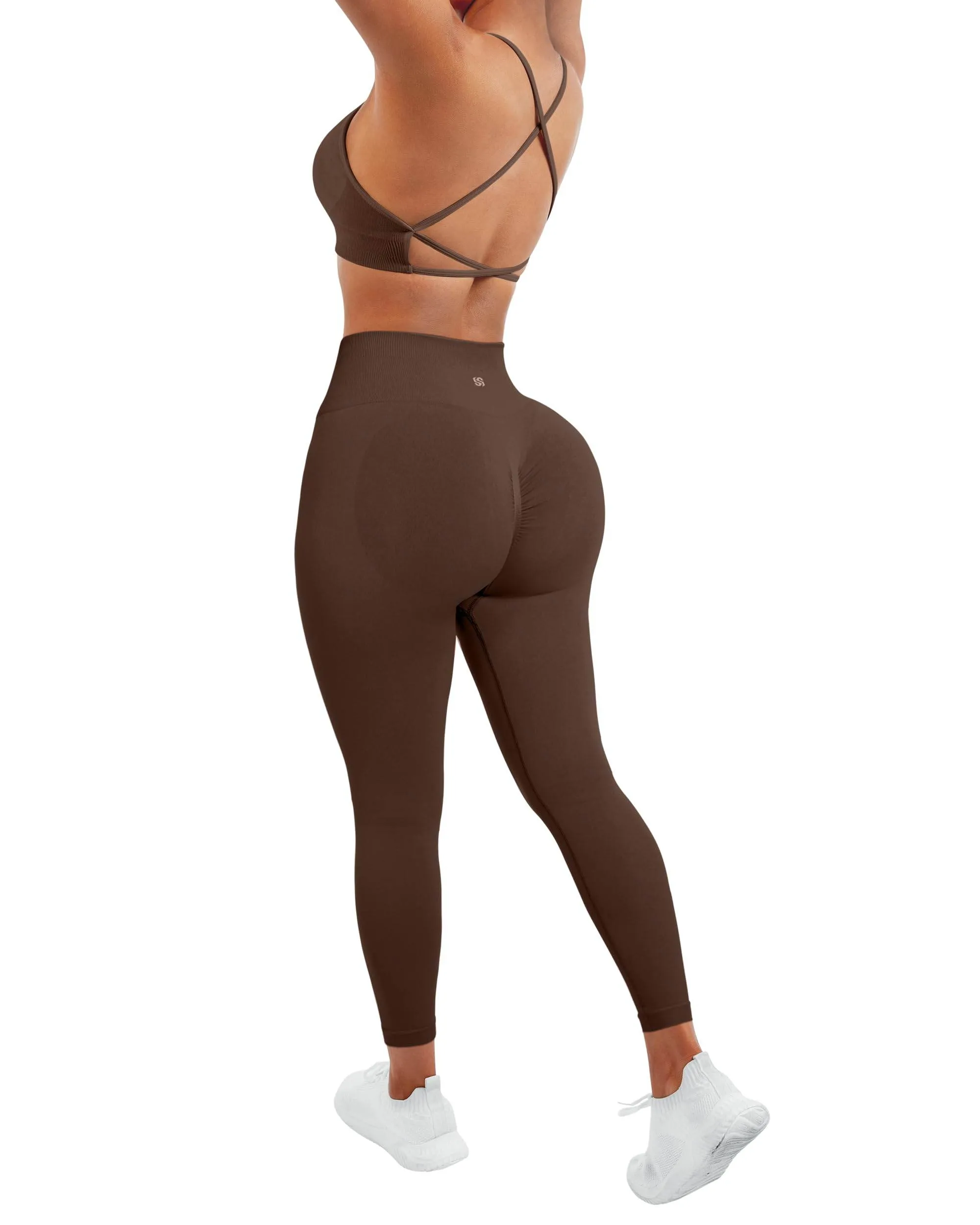 SUUKSESS Women Seamless 2 piece Workout Sets Strappy Padded Sports Bra Booty High Waisted Leggings Outfits (Deep Brown,S)