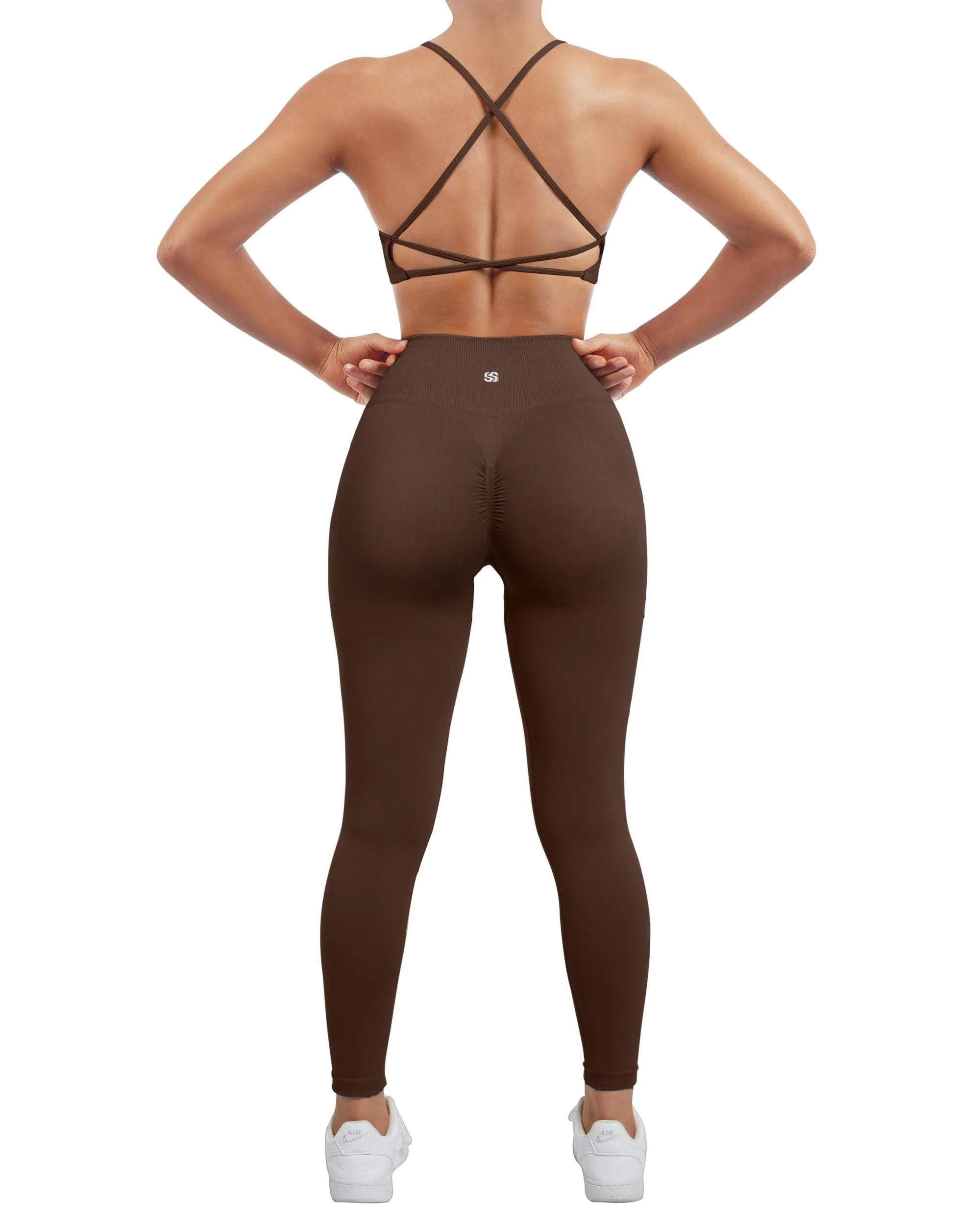 SUUKSESS Women Seamless 2 piece Workout Sets Strappy Padded Sports Bra Booty High Waisted Leggings Outfits (Deep Brown,S)