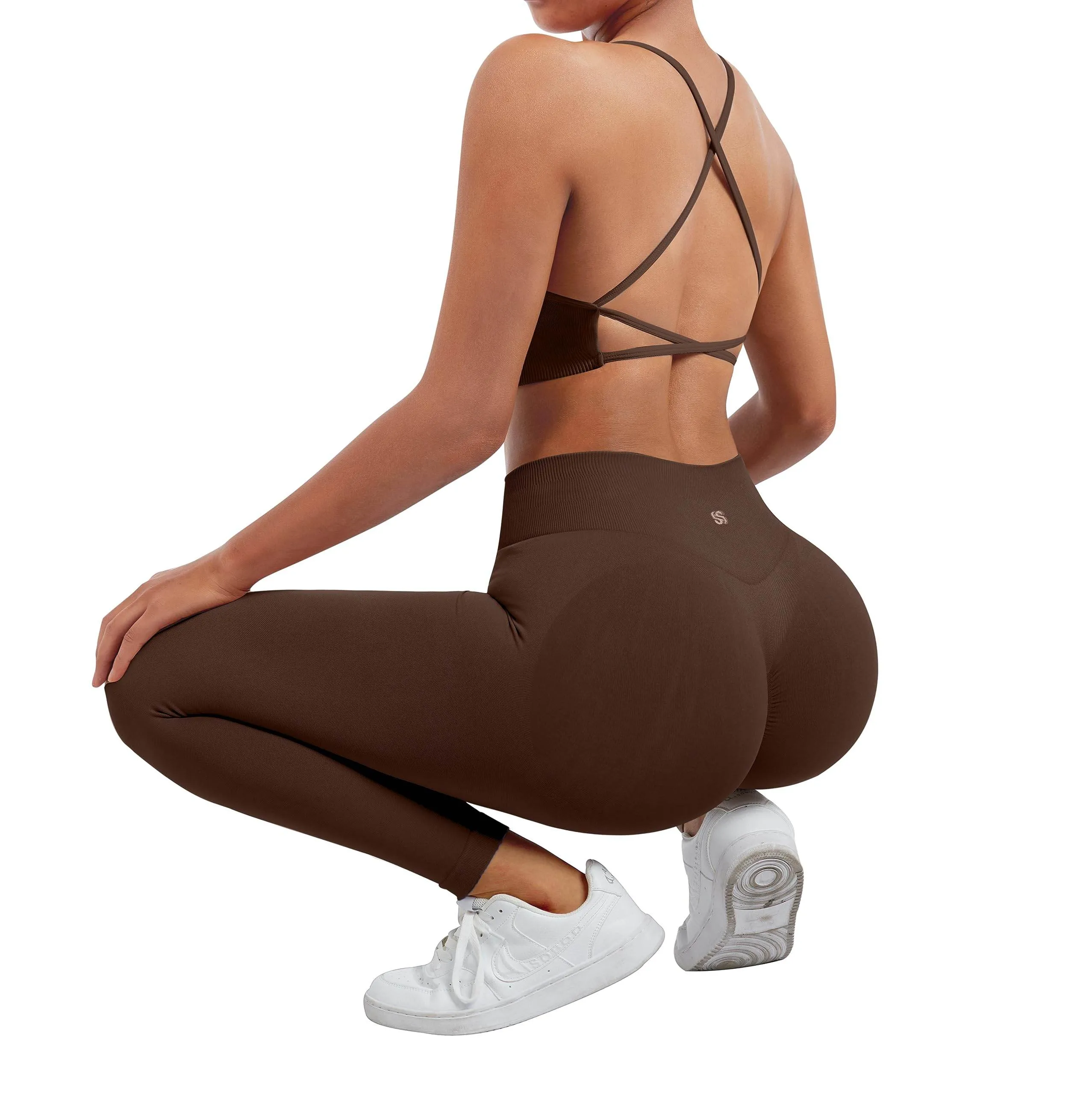 SUUKSESS Women Seamless 2 piece Workout Sets Strappy Padded Sports Bra Booty High Waisted Leggings Outfits (Deep Brown,S)