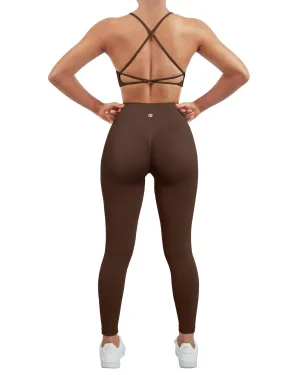 SUUKSESS Women Seamless 2 piece Workout Sets Strappy Padded Sports Bra Booty High Waisted Leggings Outfits (Deep Brown,S)