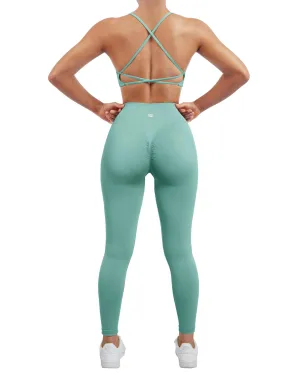 SUUKSESS Women Seamless 2 piece Workout Sets Strappy Padded Sports Bra Booty High Waisted Leggings Outfits (Light Green)