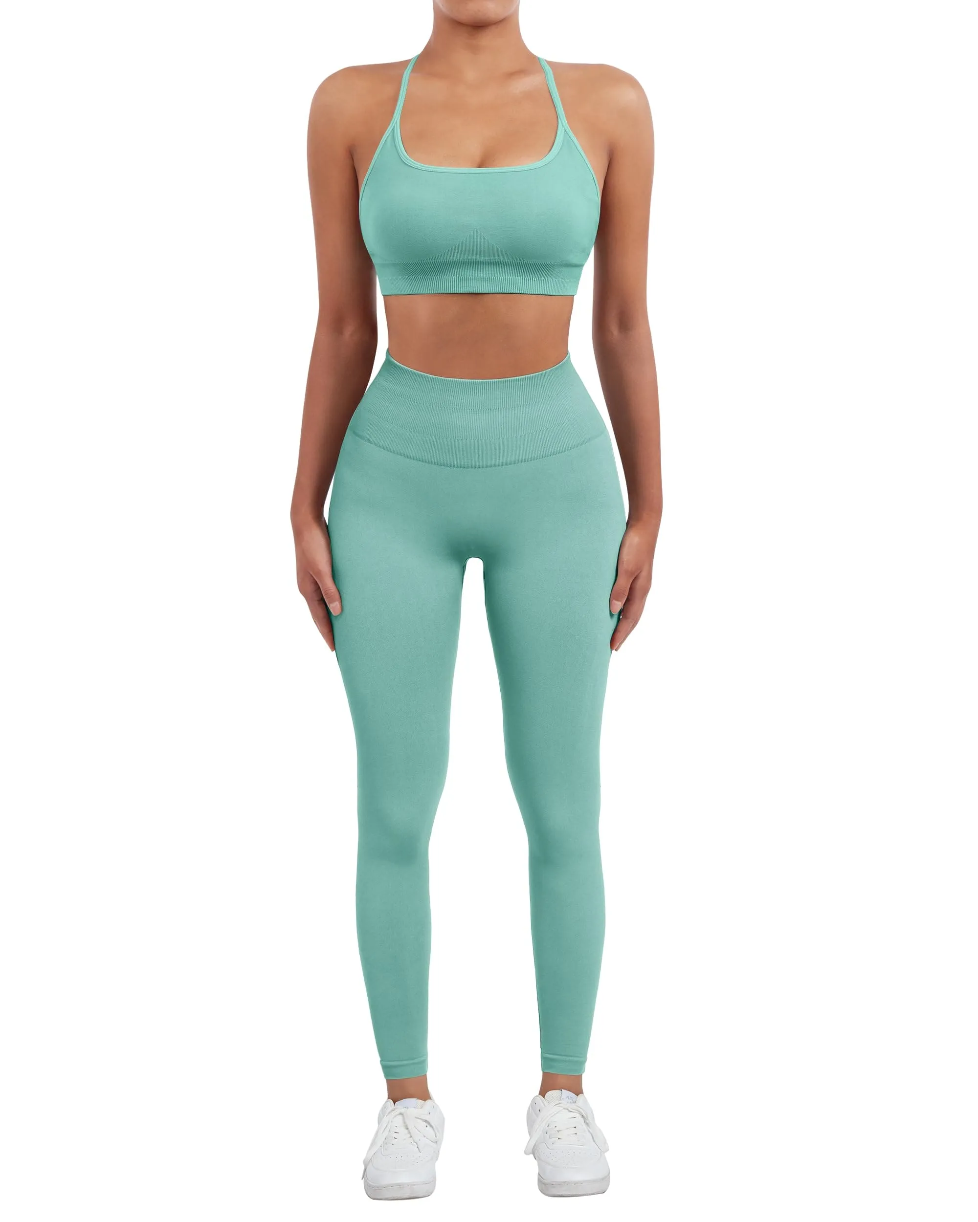 SUUKSESS Women Seamless 2 piece Workout Sets Strappy Padded Sports Bra Booty High Waisted Leggings Outfits (Light Green)