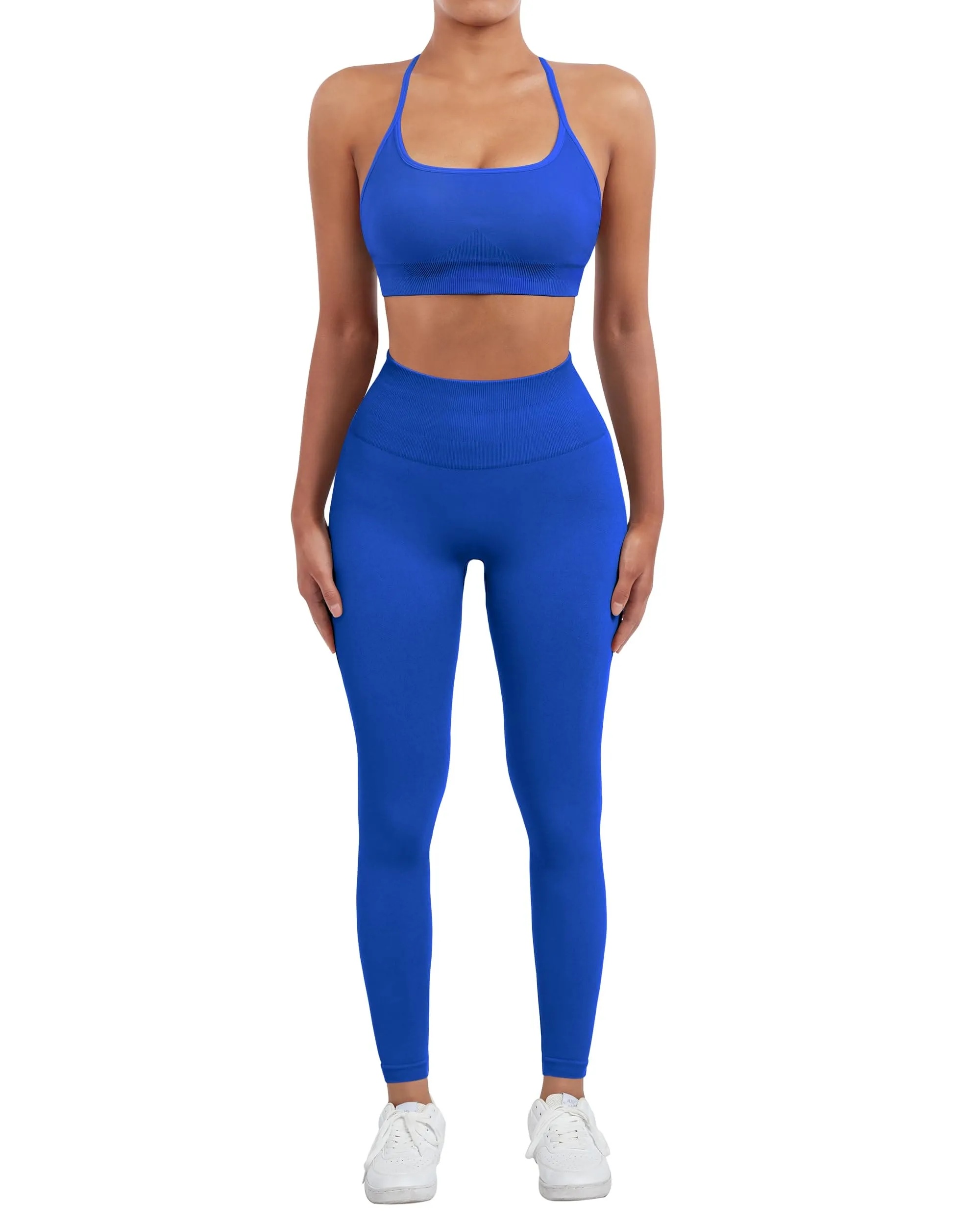 SUUKSESS Women Seamless 2 piece Workout Sets Strappy Padded Sports Bra Booty High Waisted Leggings Outfits (Royal Blue)