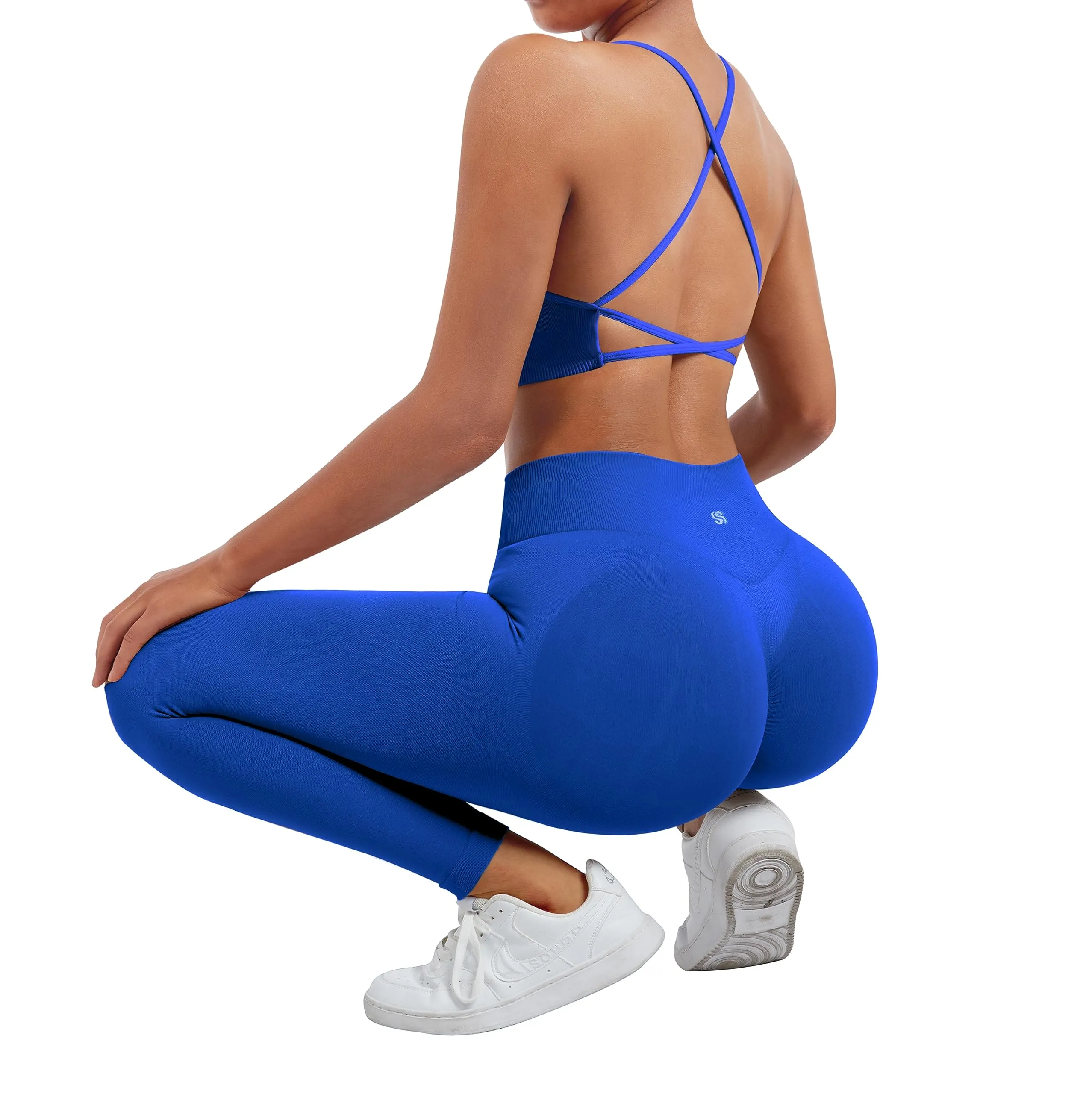 SUUKSESS Women Seamless 2 piece Workout Sets Strappy Padded Sports Bra Booty High Waisted Leggings Outfits (Royal Blue)