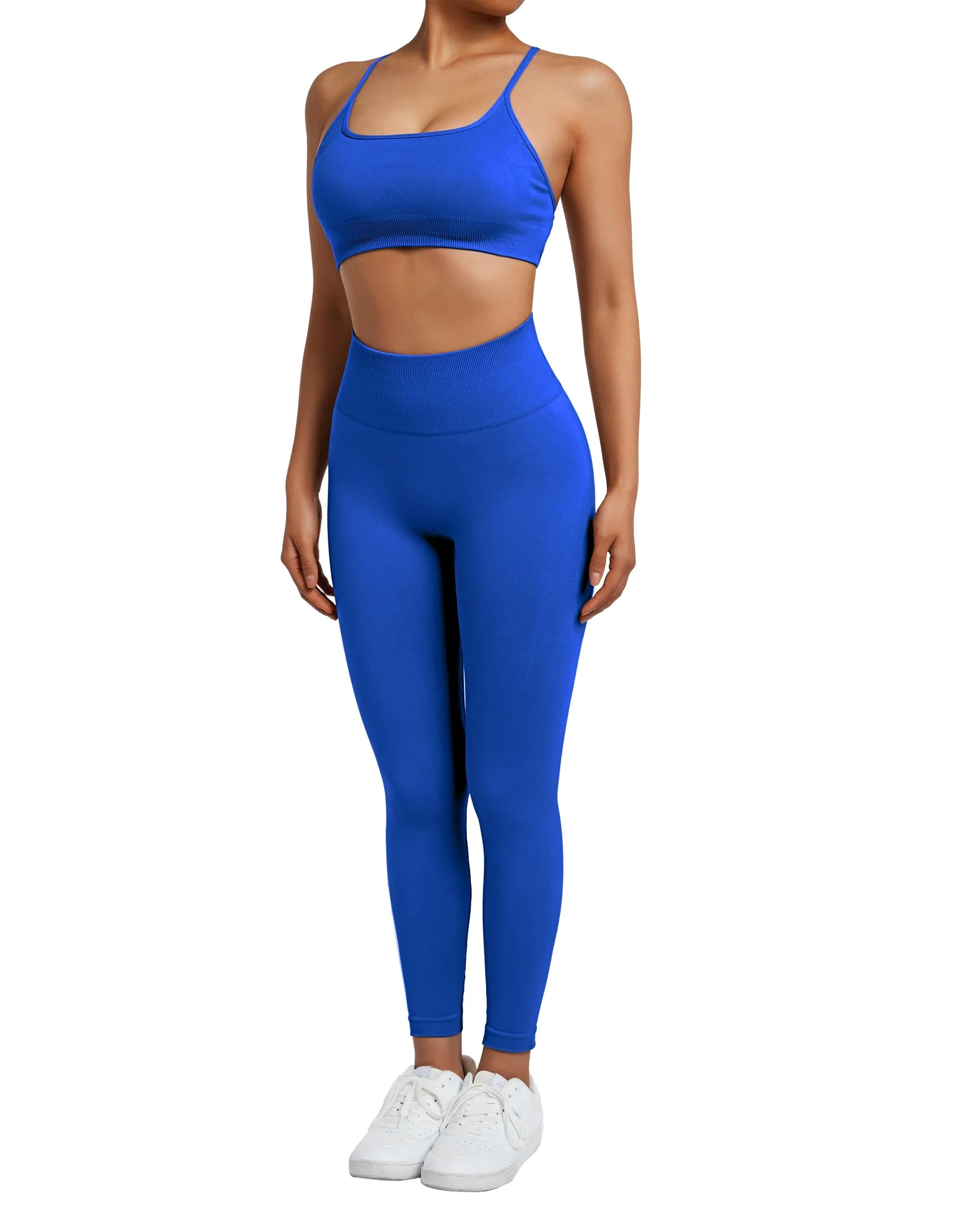 SUUKSESS Women Seamless 2 piece Workout Sets Strappy Padded Sports Bra Booty High Waisted Leggings Outfits (Royal Blue)