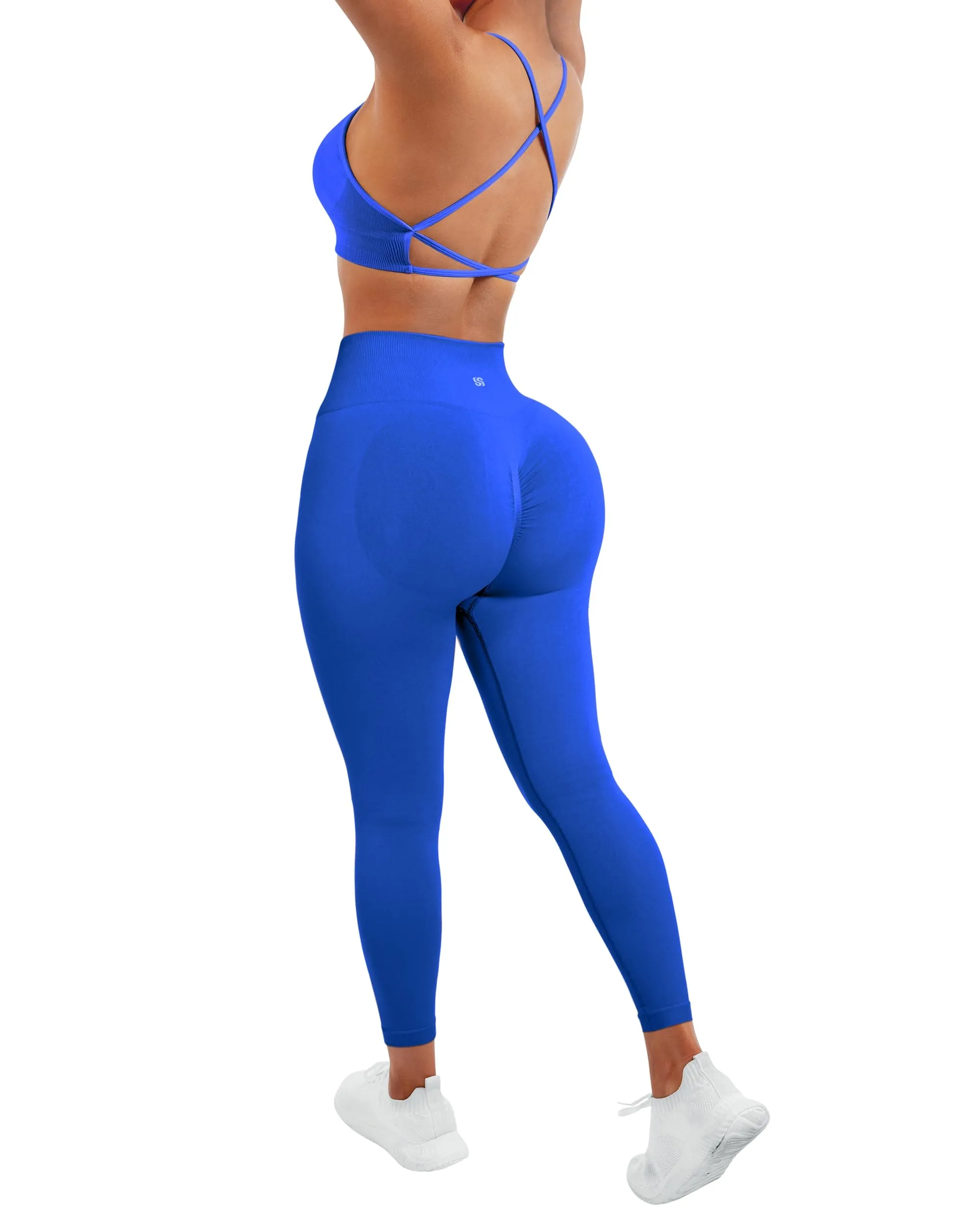 SUUKSESS Women Seamless 2 piece Workout Sets Strappy Padded Sports Bra Booty High Waisted Leggings Outfits (Royal Blue)