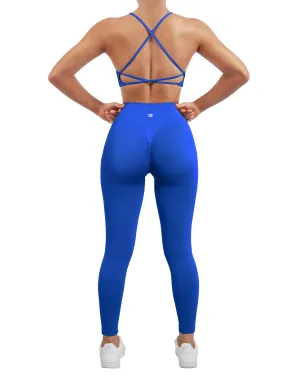SUUKSESS Women Seamless 2 piece Workout Sets Strappy Padded Sports Bra Booty High Waisted Leggings Outfits (Royal Blue)