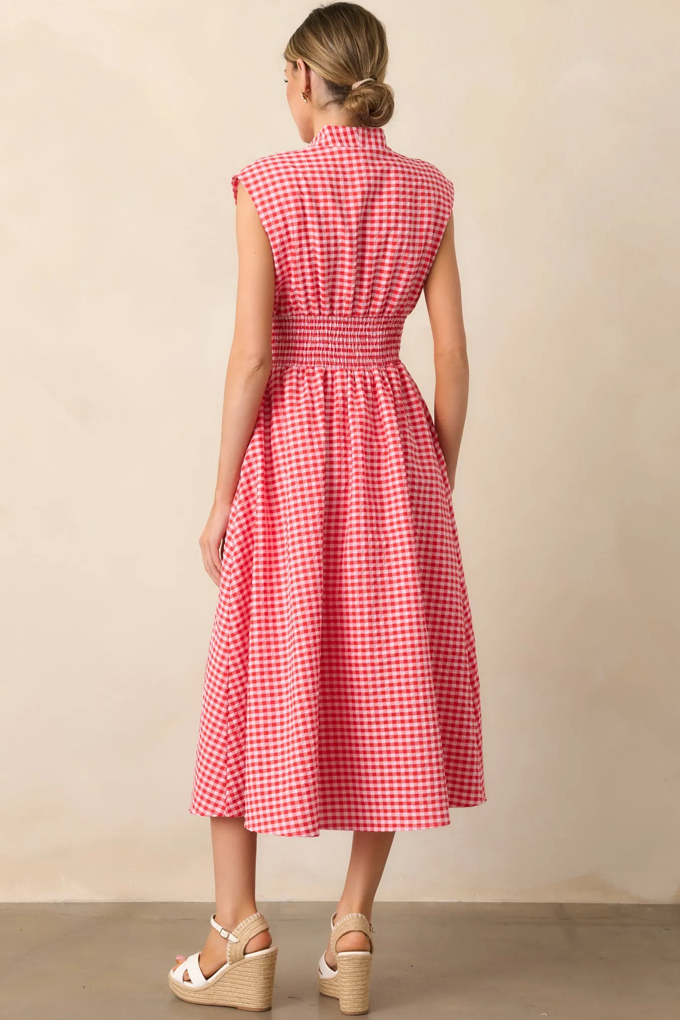 The Evette Red Gingham Zip Front Midi Dress