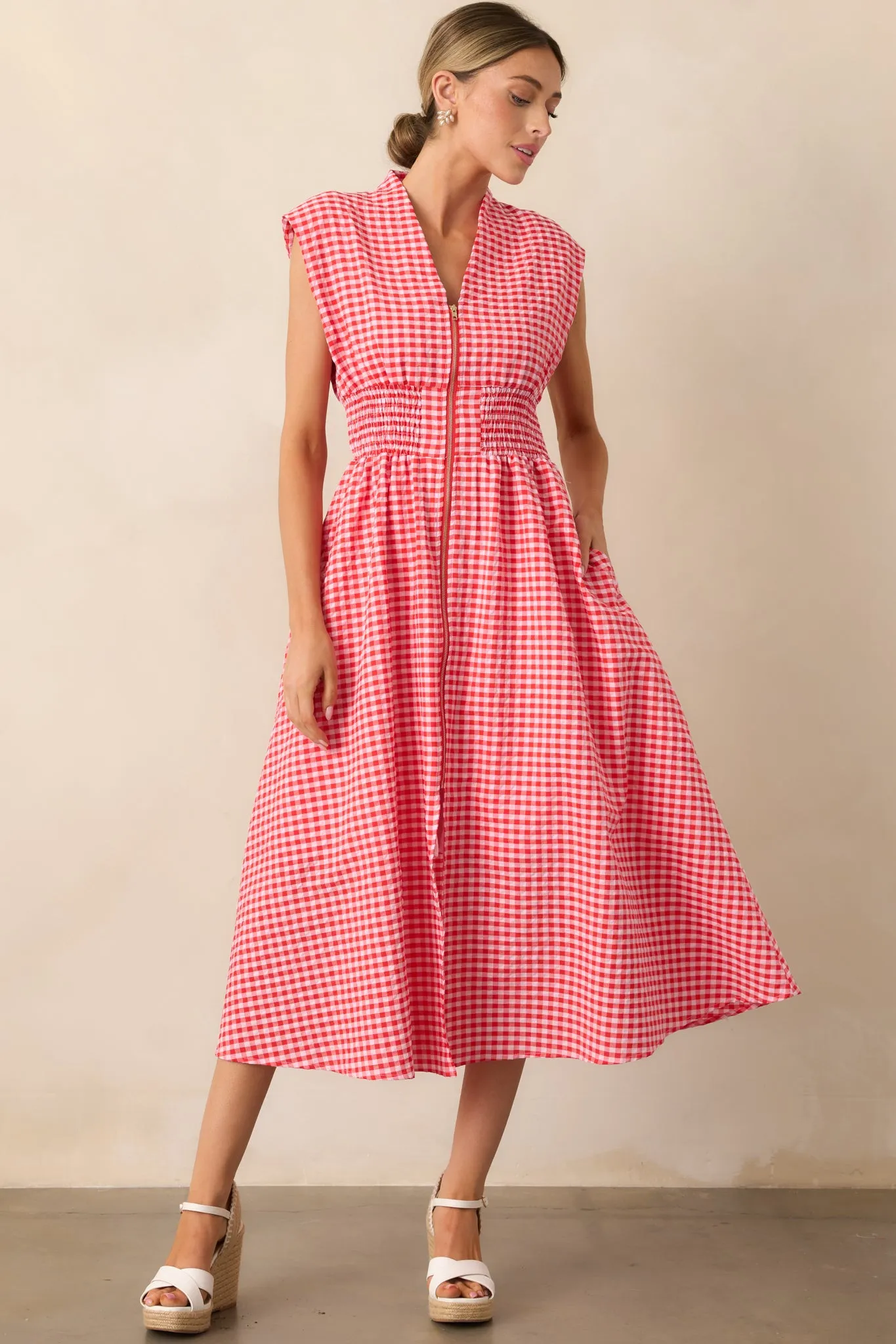 The Evette Red Gingham Zip Front Midi Dress