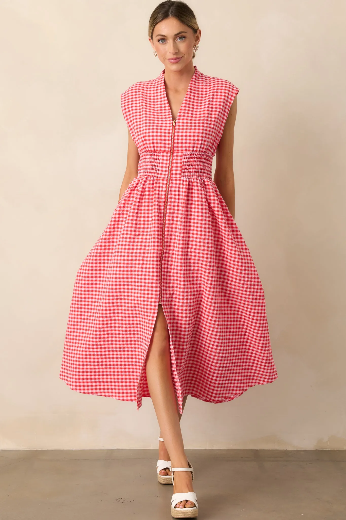 The Evette Red Gingham Zip Front Midi Dress