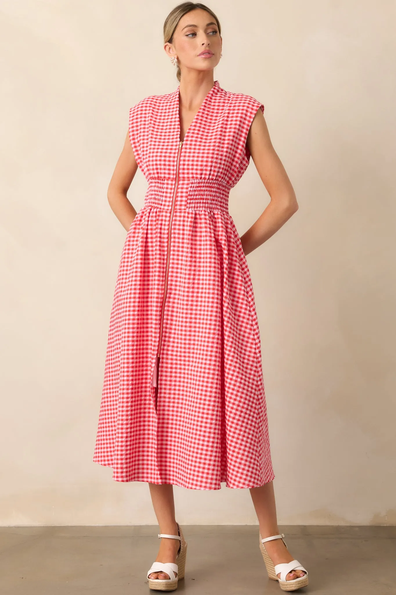 The Evette Red Gingham Zip Front Midi Dress
