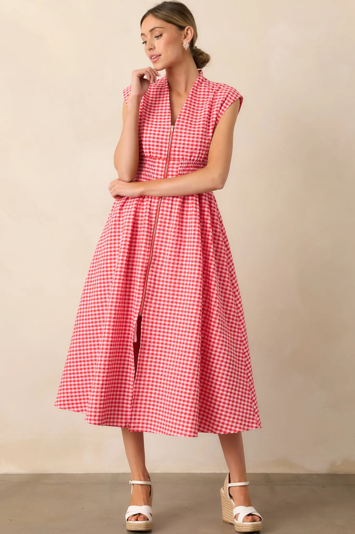 The Evette Red Gingham Zip Front Midi Dress