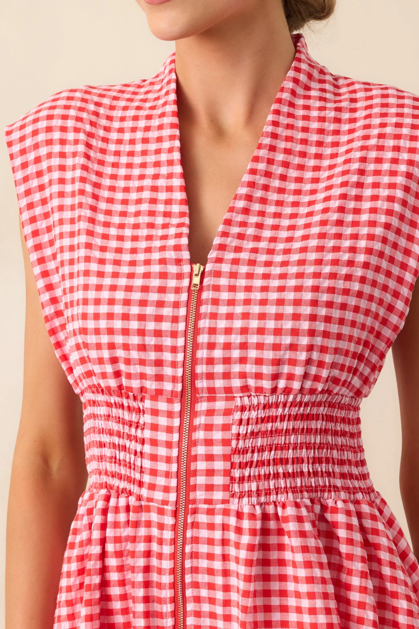 The Evette Red Gingham Zip Front Midi Dress