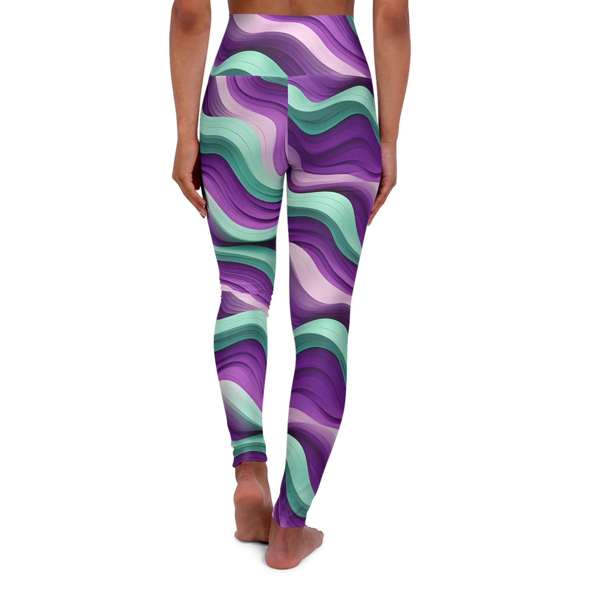Trendy High Waisted Yoga Leggings - Vibrant Abstract Waves Design