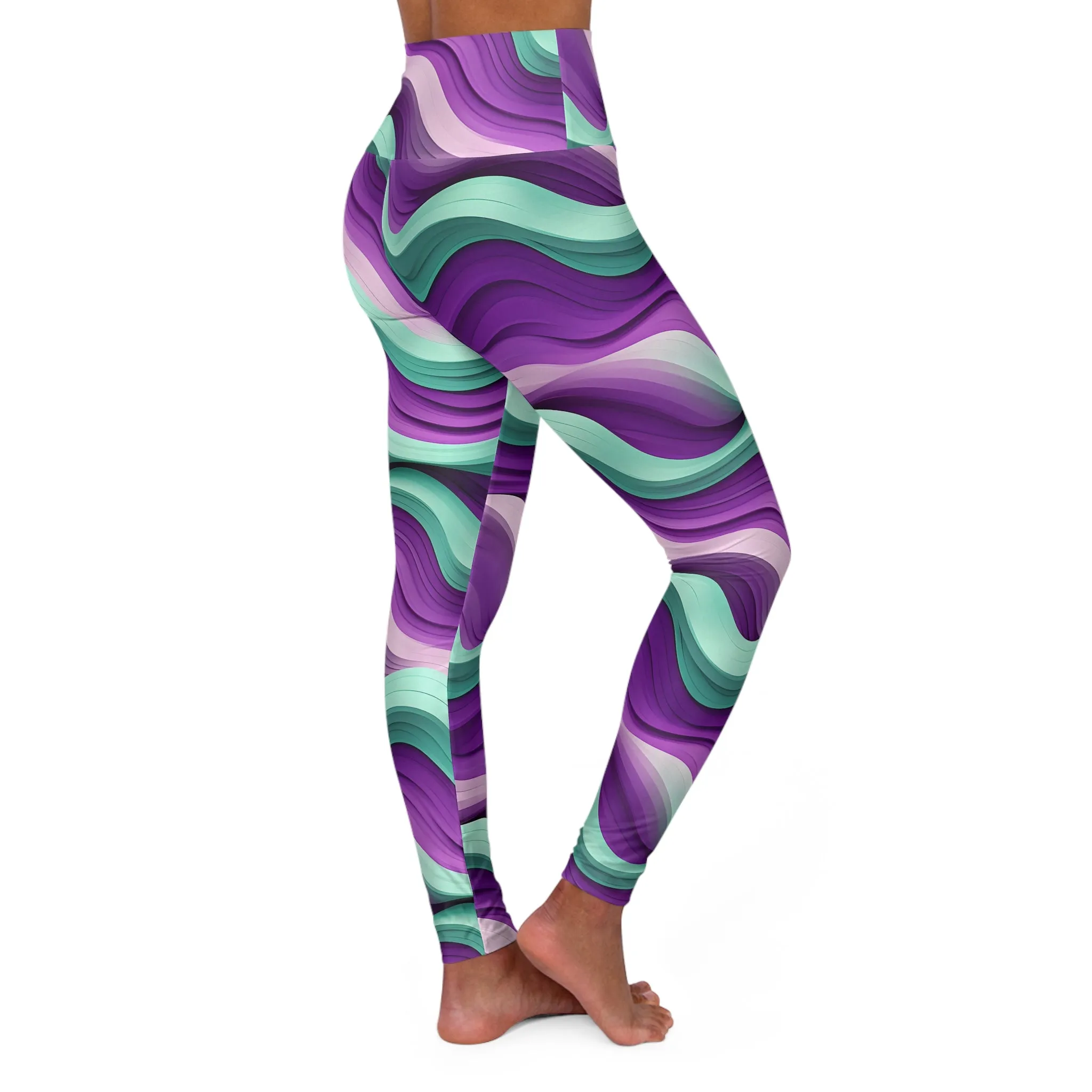 Trendy High Waisted Yoga Leggings - Vibrant Abstract Waves Design