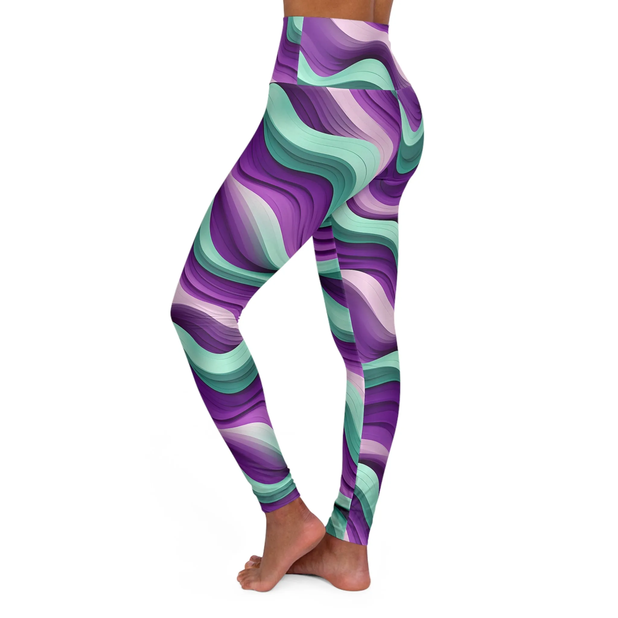 Trendy High Waisted Yoga Leggings - Vibrant Abstract Waves Design
