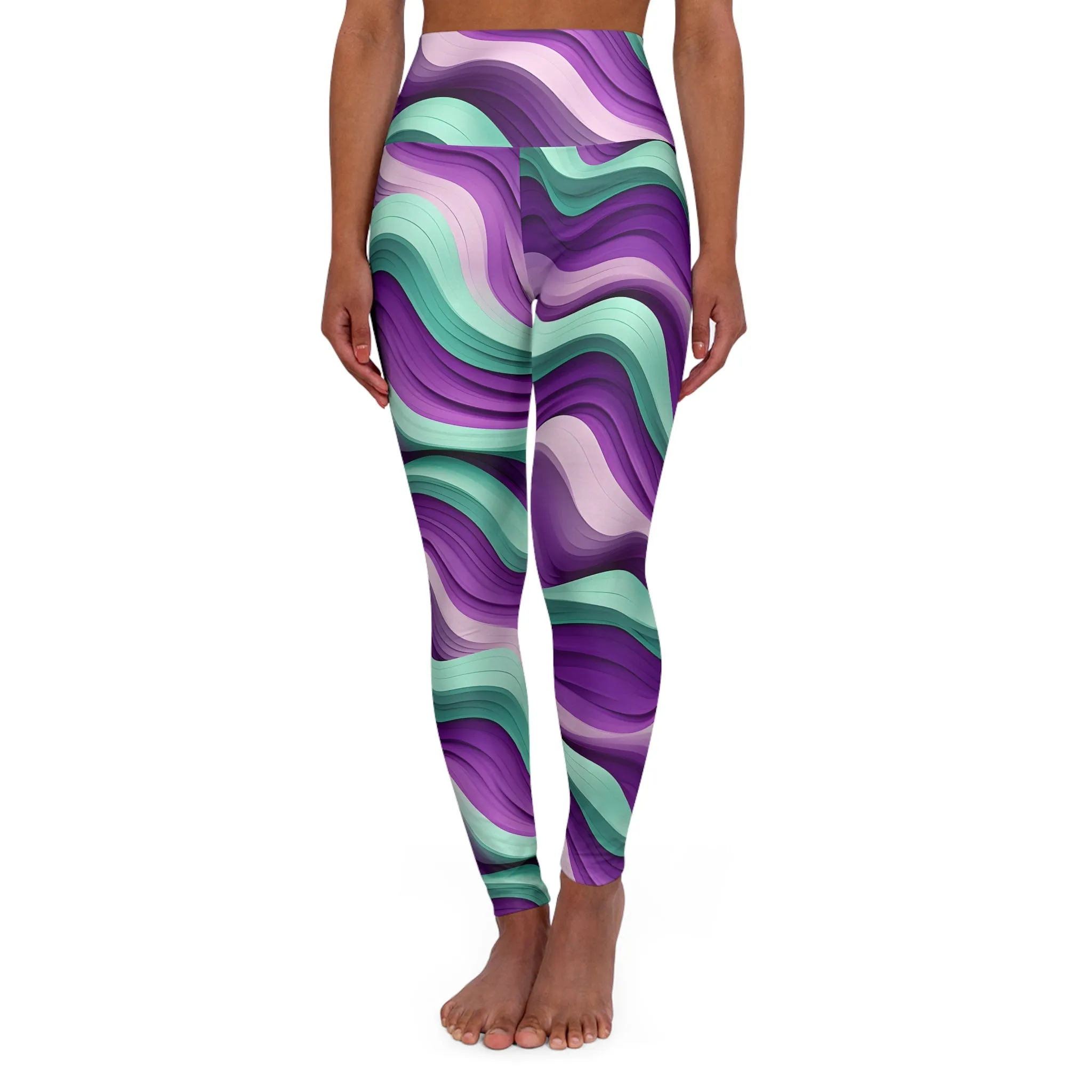 Trendy High Waisted Yoga Leggings - Vibrant Abstract Waves Design