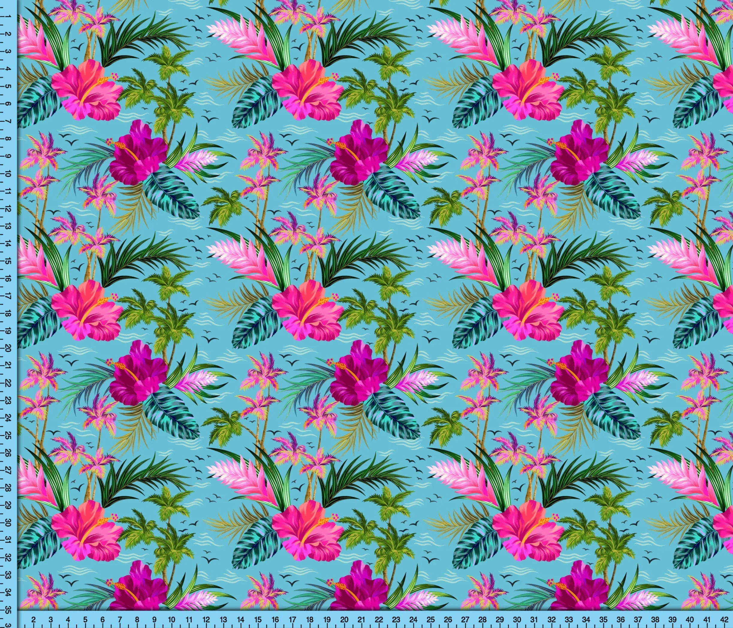 Tropical Flowers Fabric By the Yard printed on your choice of fabric, Pink Hibiscus on Blue