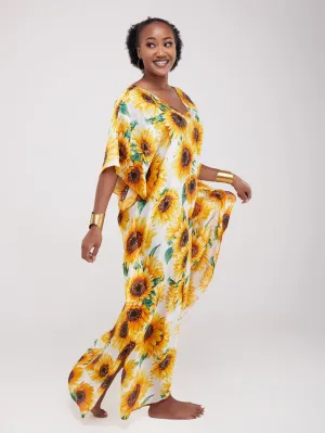 Vivo Basic V-Neck Satin Kaftan - Mustard Print