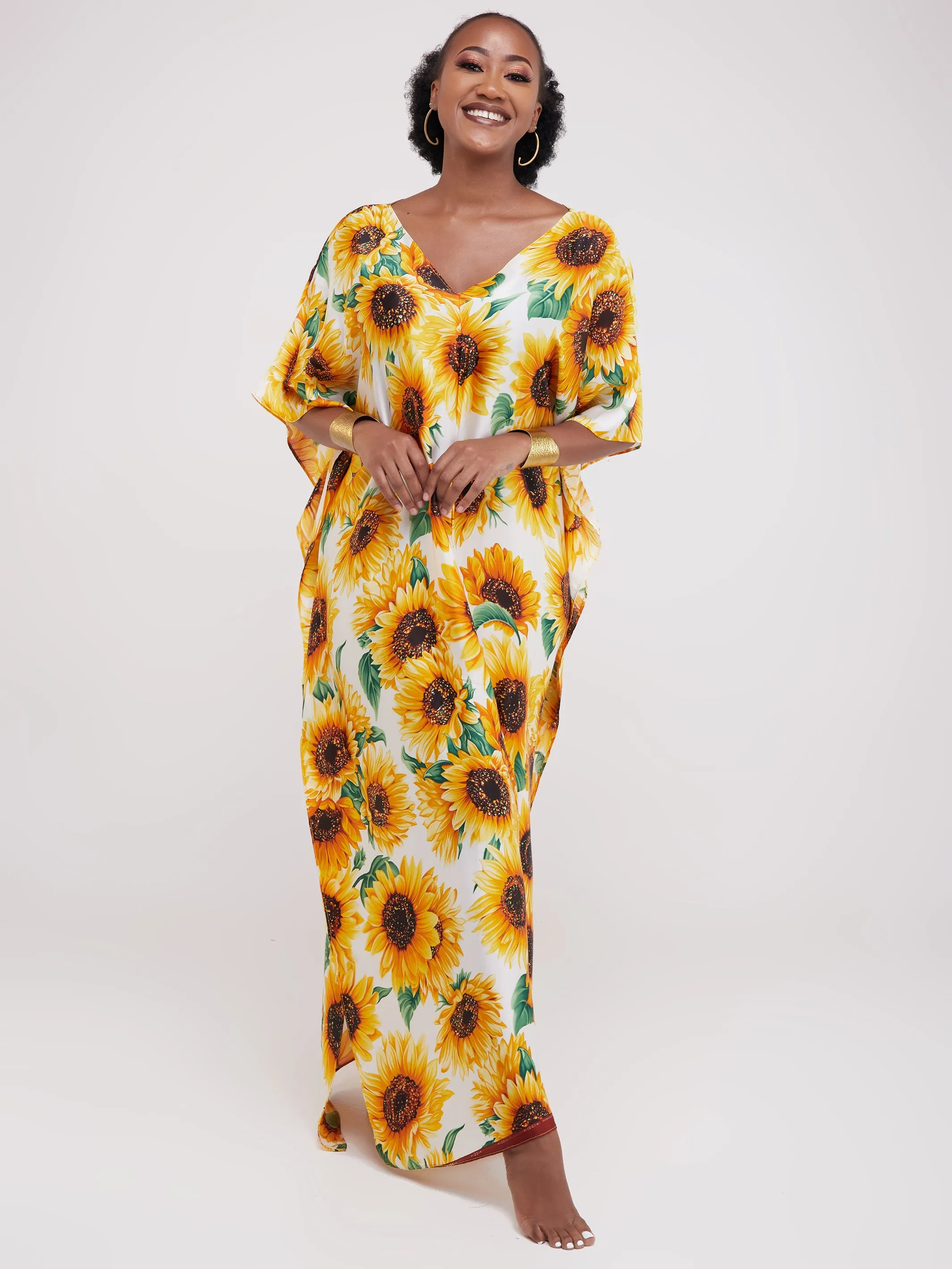 Vivo Basic V-Neck Satin Kaftan - Mustard Print