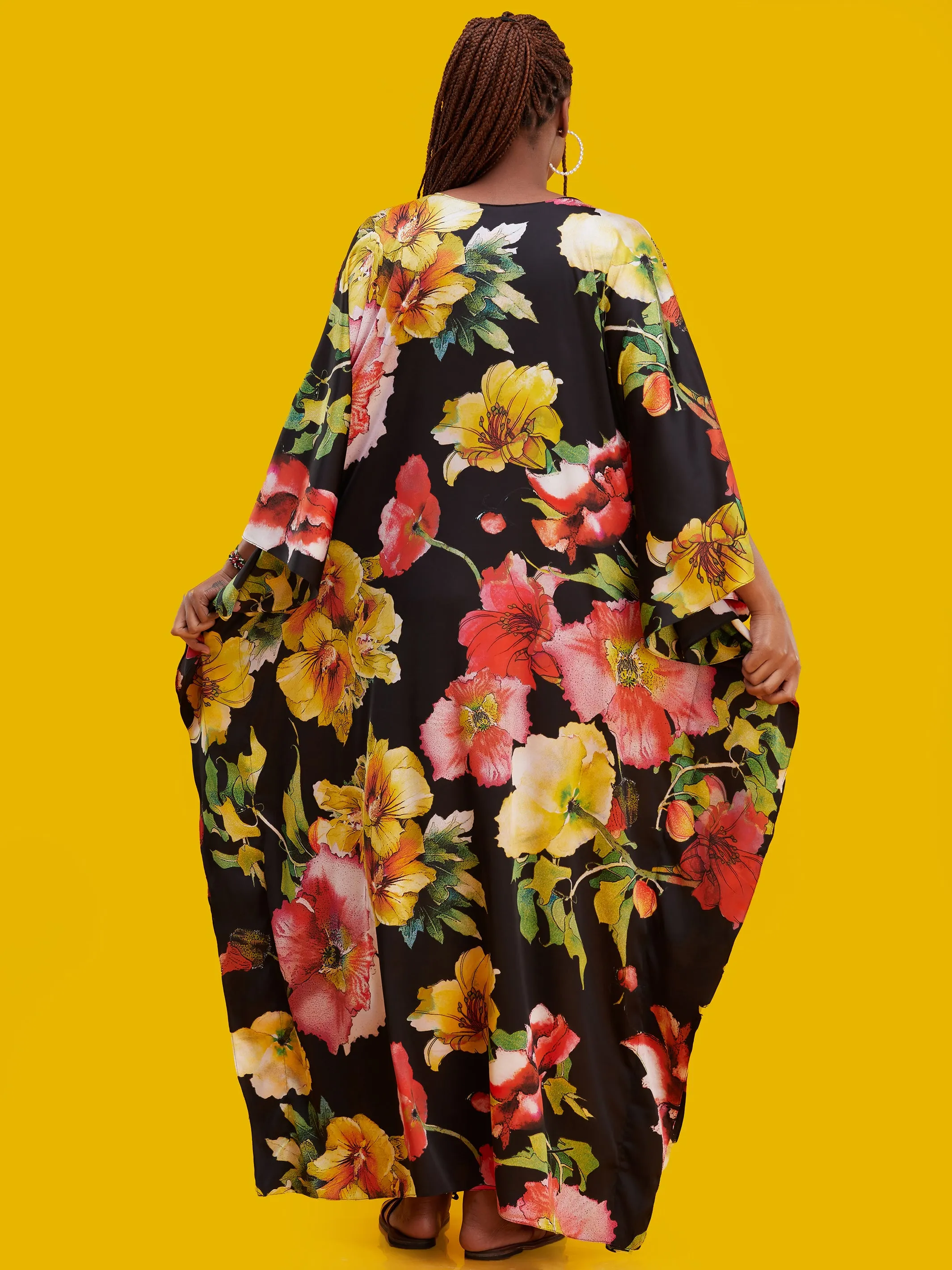 Vivo Lamu Satin Maxi Dira Dress - Black / Green Floral Print