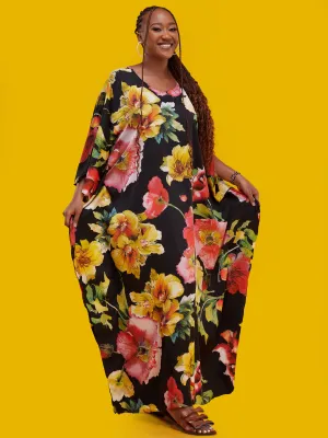 Vivo Lamu Satin Maxi Dira Dress - Black / Green Floral Print
