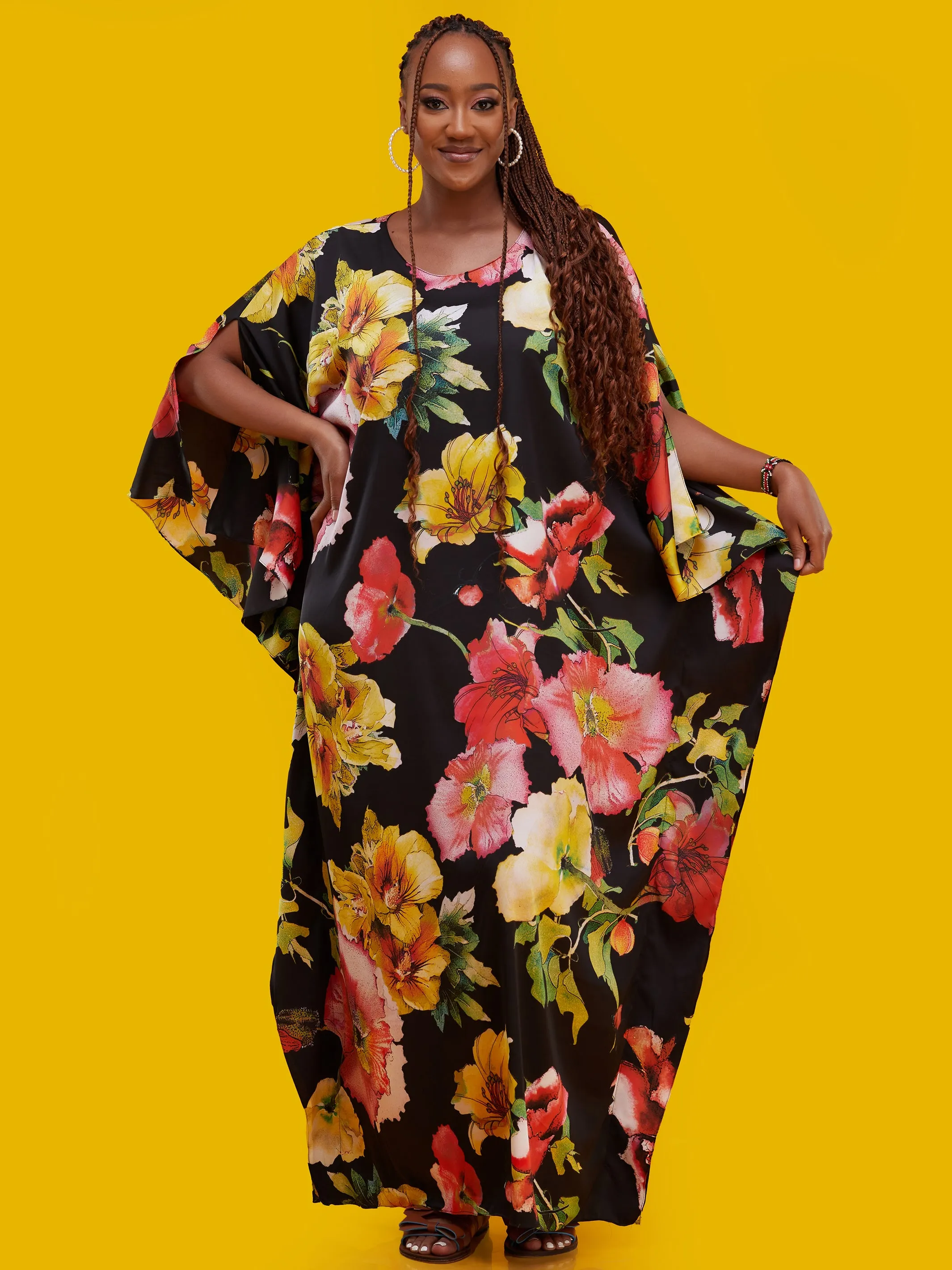 Vivo Lamu Satin Maxi Dira Dress - Black / Green Floral Print
