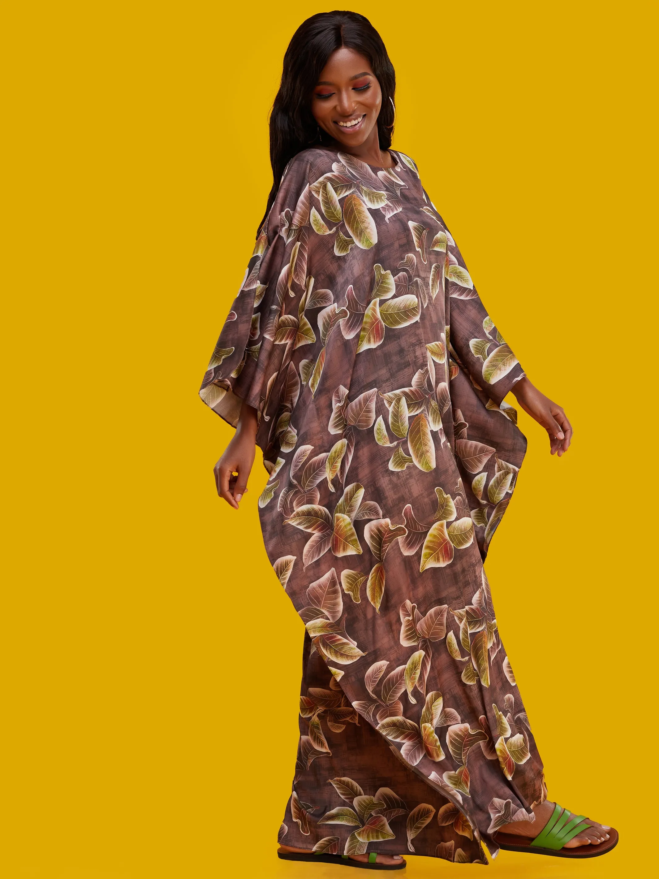 Vivo Lamu Satin Maxi Dira Dress - Brown Leaf Print