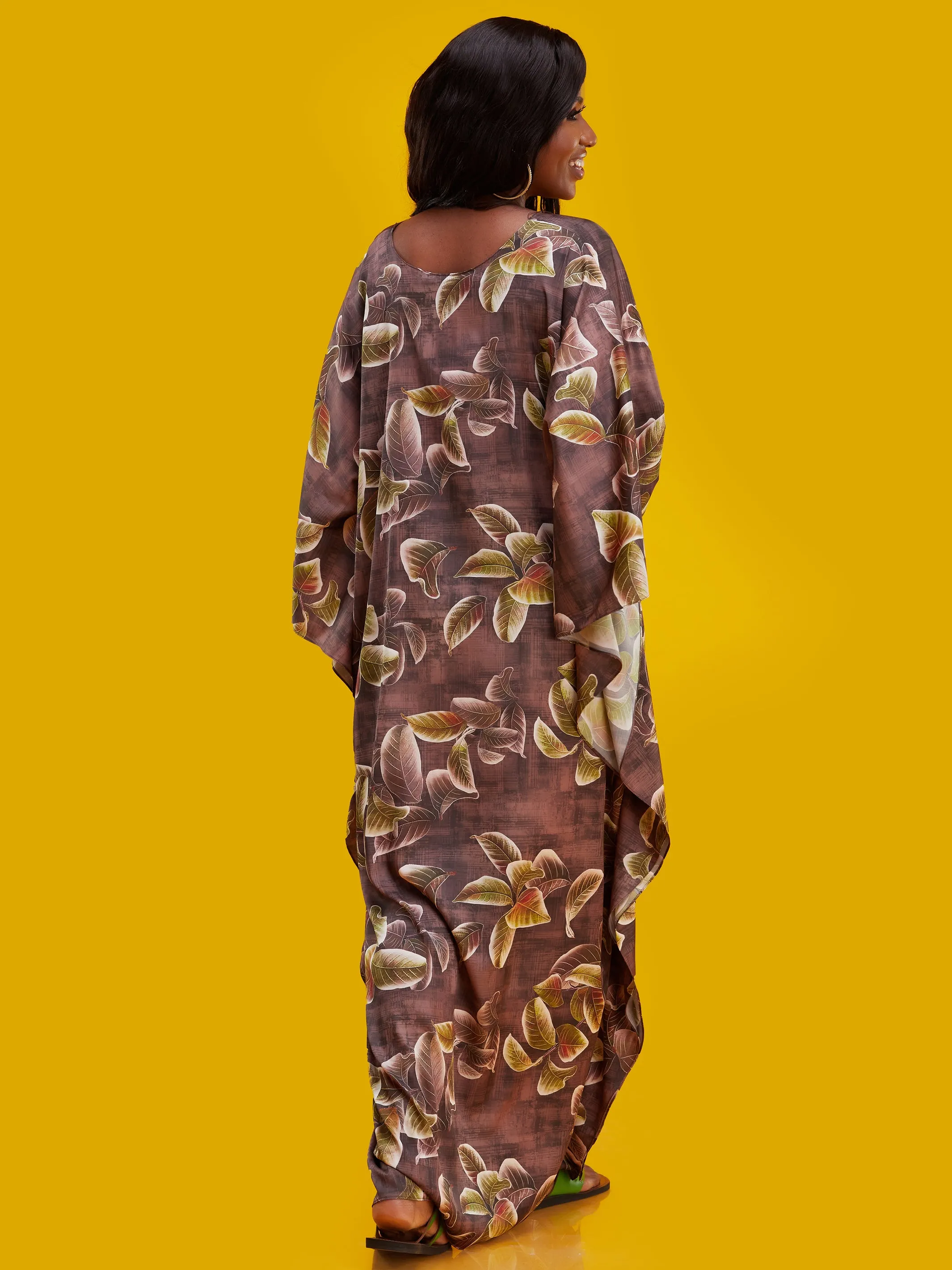 Vivo Lamu Satin Maxi Dira Dress - Brown Leaf Print
