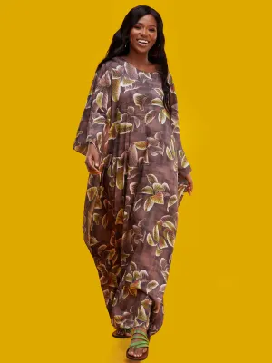 Vivo Lamu Satin Maxi Dira Dress - Brown Leaf Print