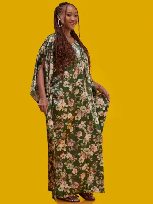 Vivo Lamu Satin Maxi Dira Dress - Green / Pink Floral Print