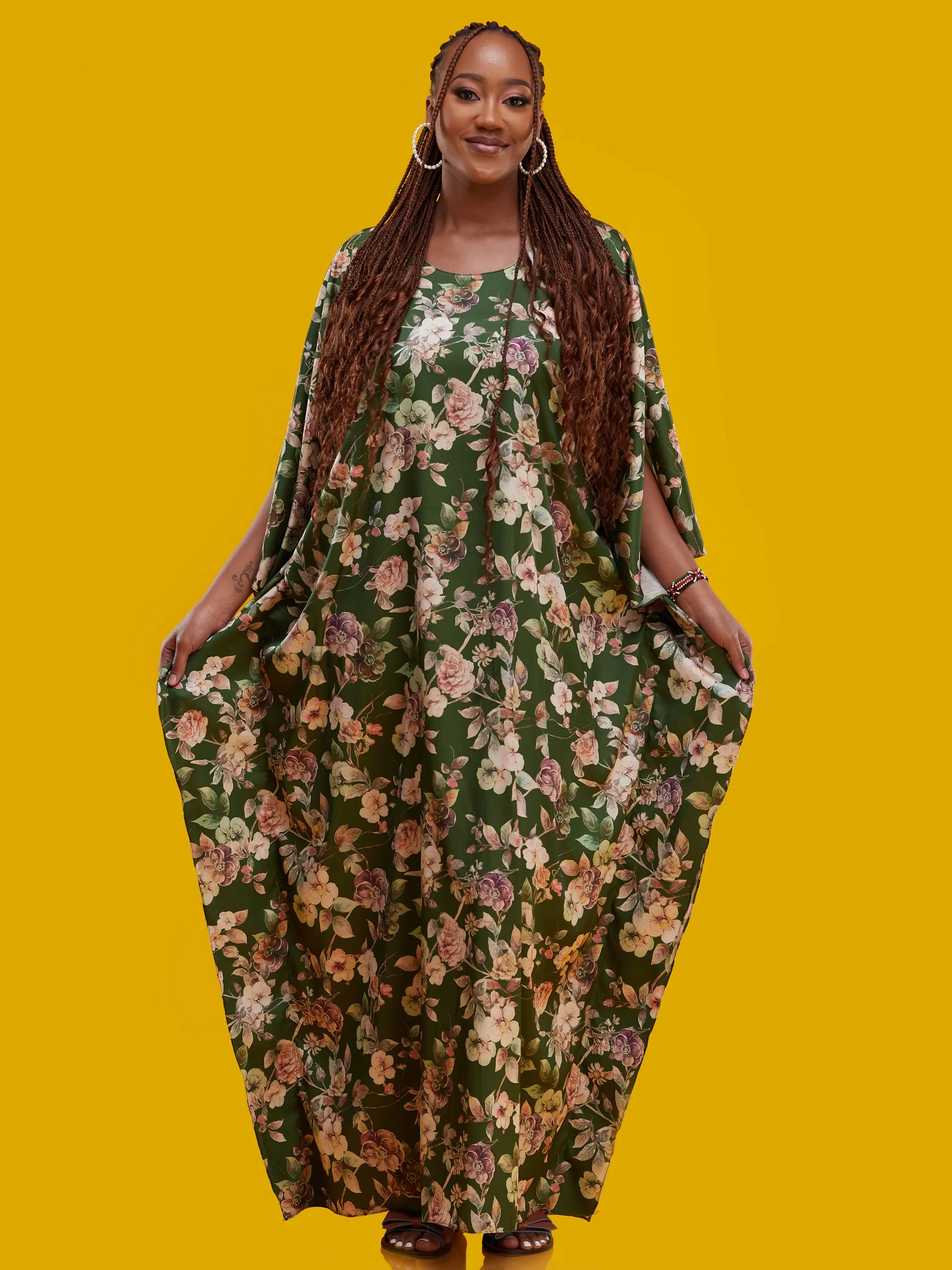 Vivo Lamu Satin Maxi Dira Dress - Green / Pink Floral Print