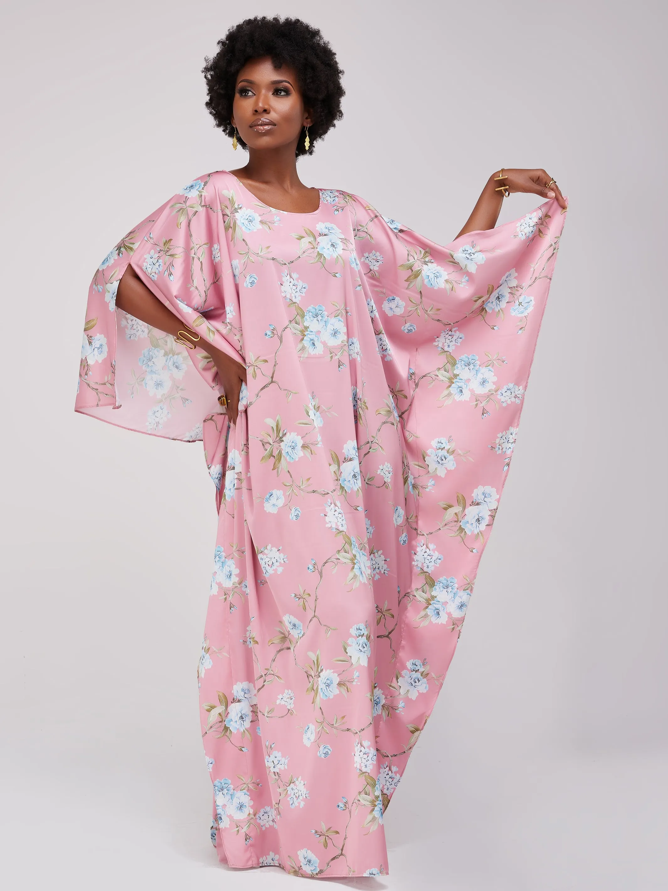 Vivo Lamu Satin Maxi Dira Dress - Pink Leaf Print