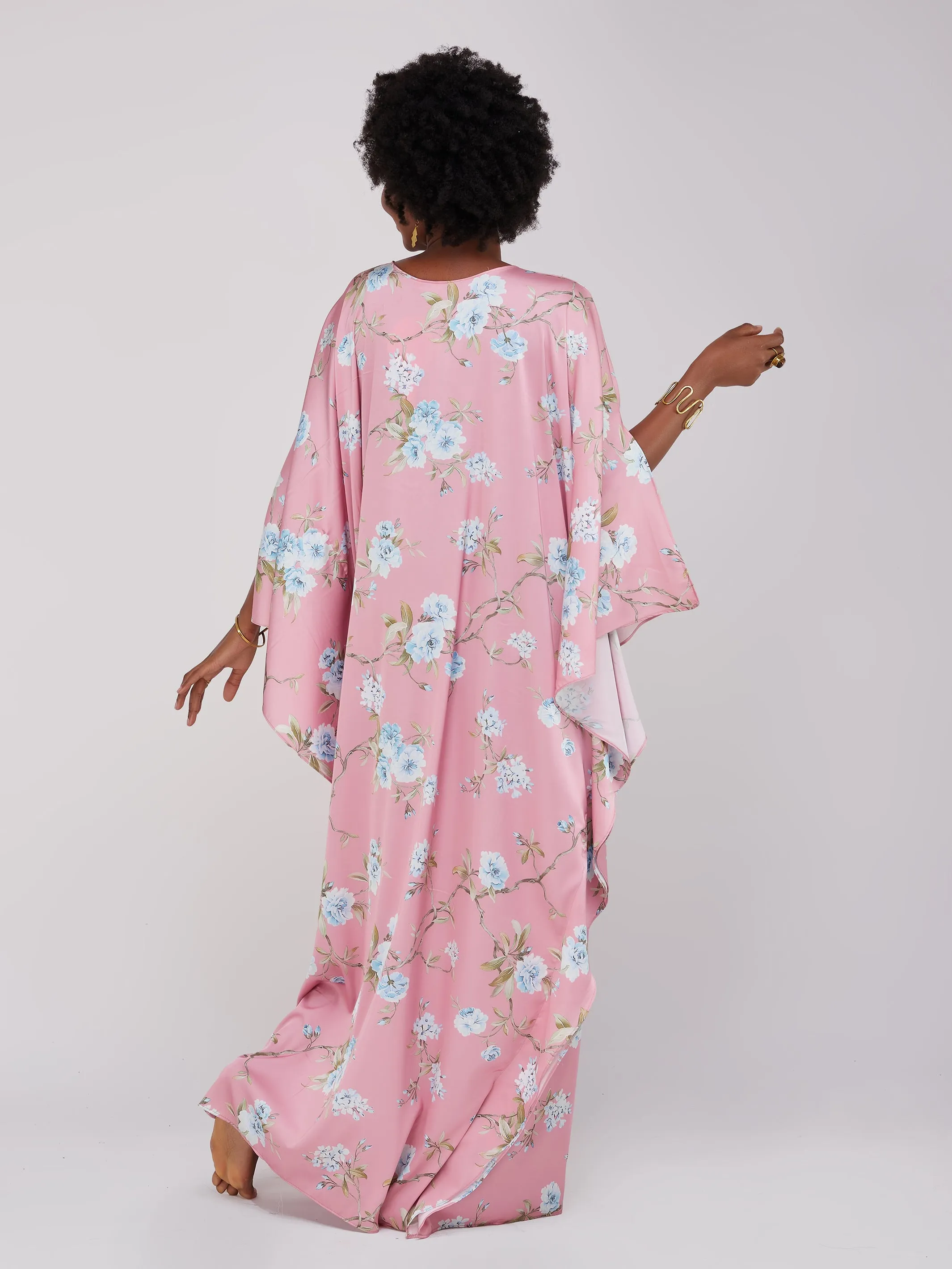 Vivo Lamu Satin Maxi Dira Dress - Pink Leaf Print
