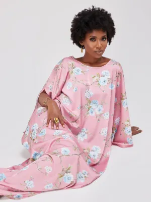 Vivo Lamu Satin Maxi Dira Dress - Pink Leaf Print