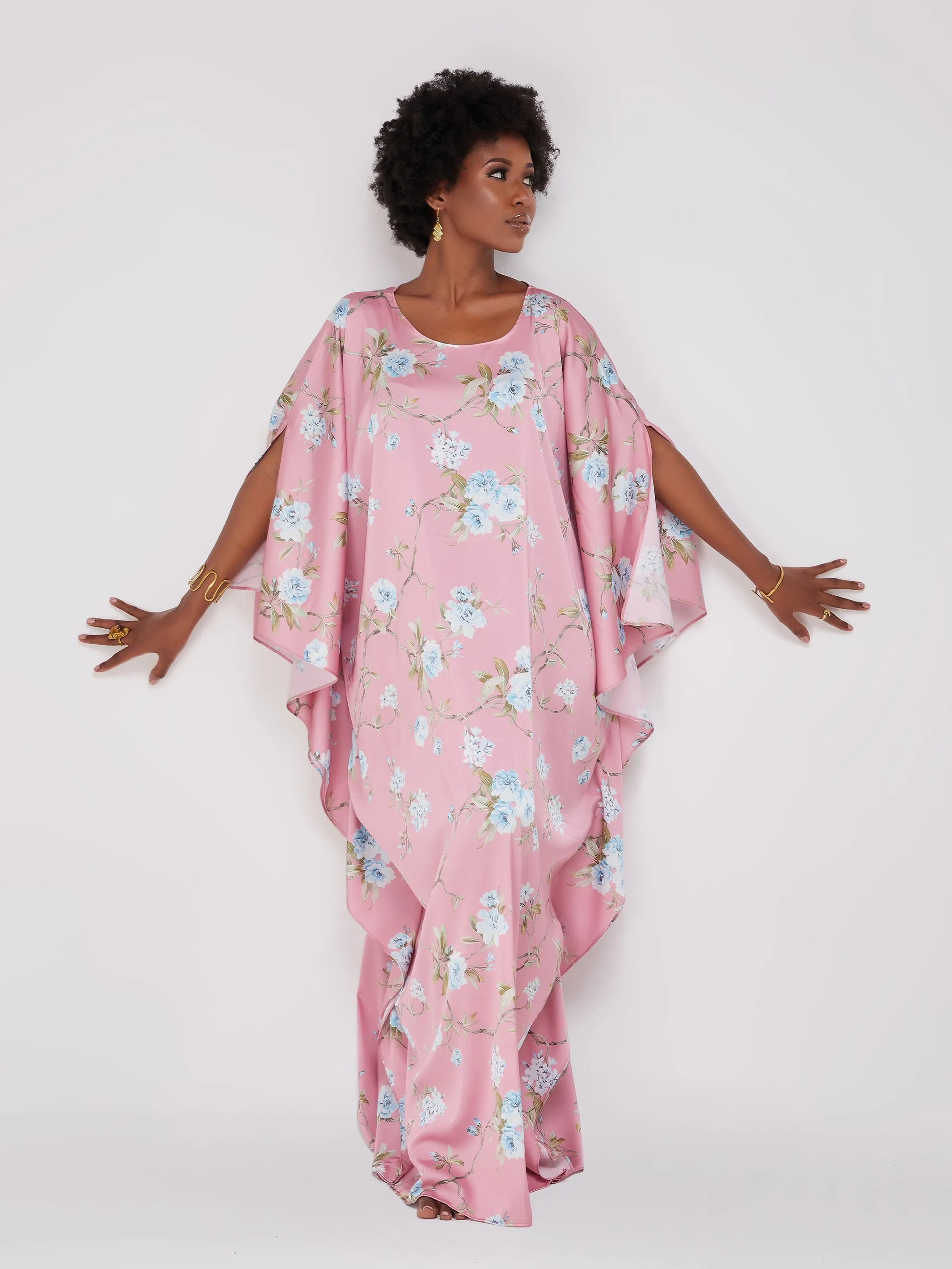 Vivo Lamu Satin Maxi Dira Dress - Pink Leaf Print