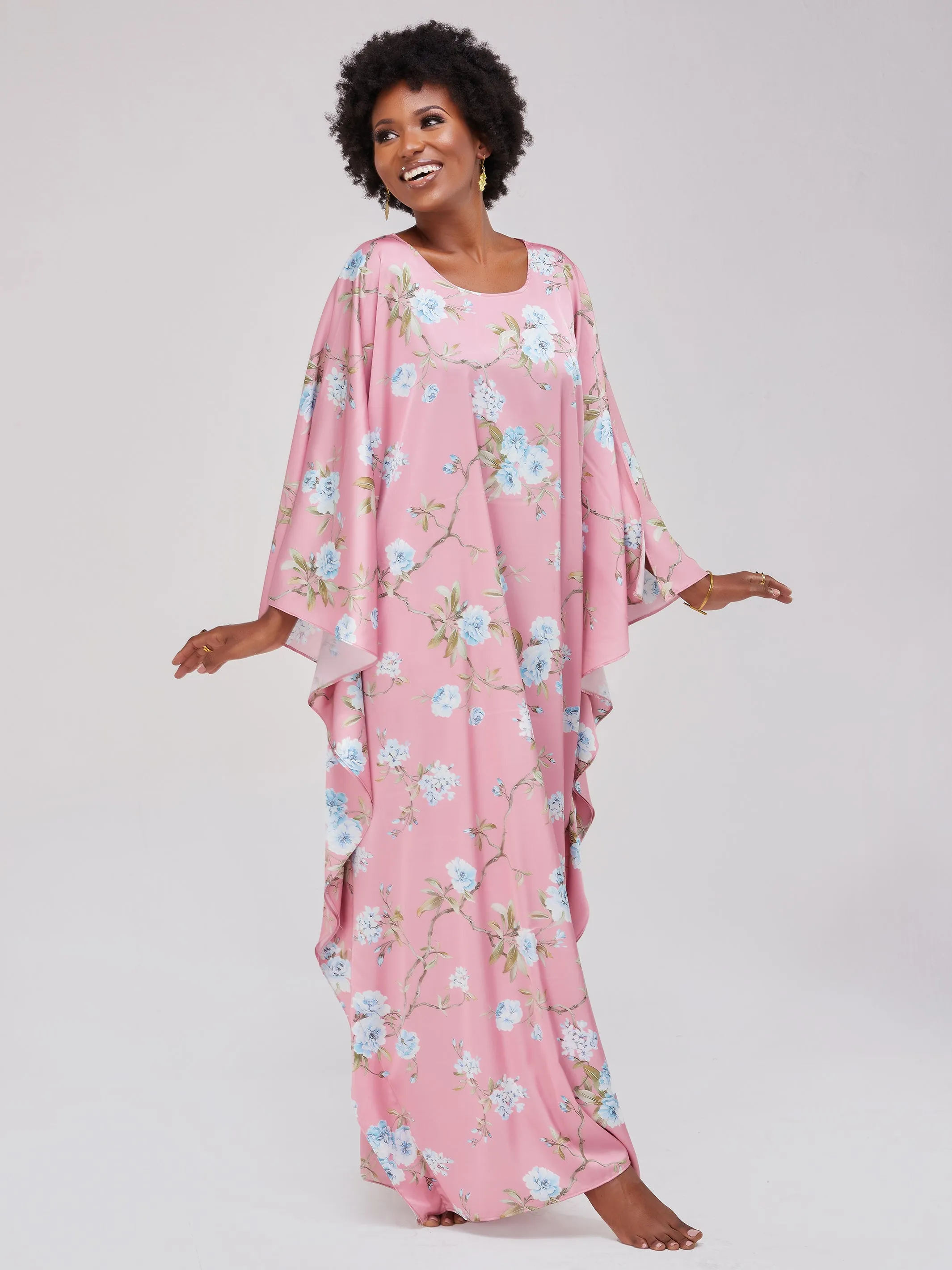 Vivo Lamu Satin Maxi Dira Dress - Pink Leaf Print