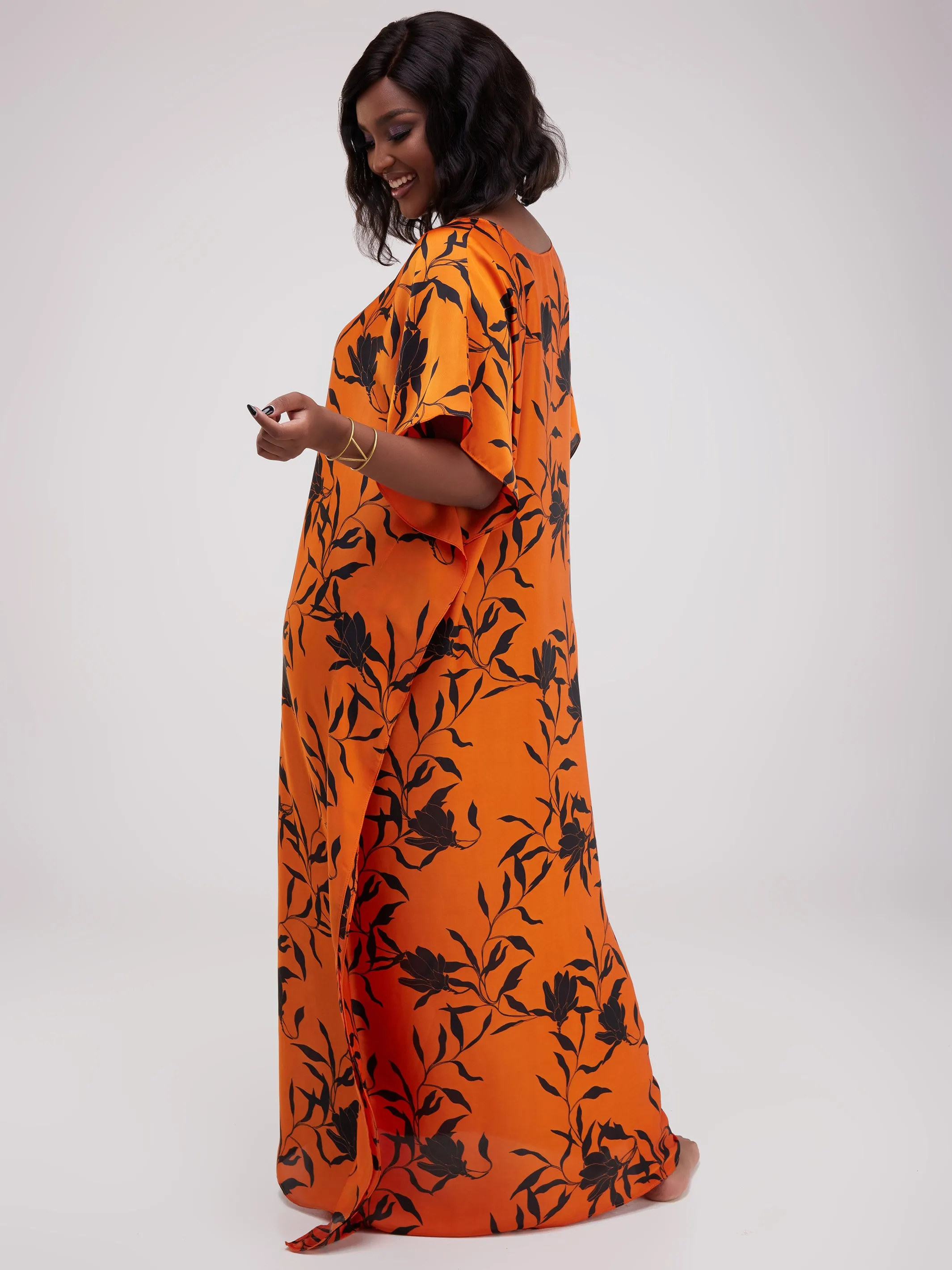 Vivo Satin Maxi Dira Dress - Orange Floral Print
