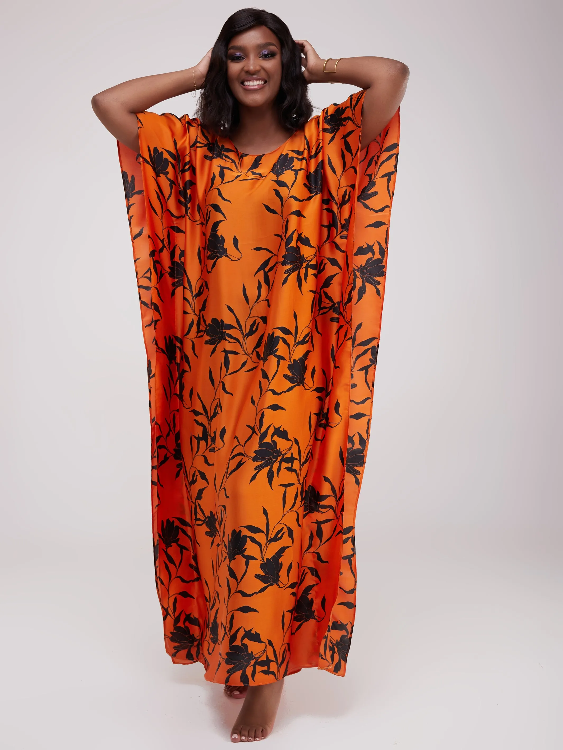 Vivo Satin Maxi Dira Dress - Orange Floral Print