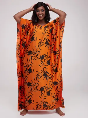 Vivo Satin Maxi Dira Dress - Orange Floral Print