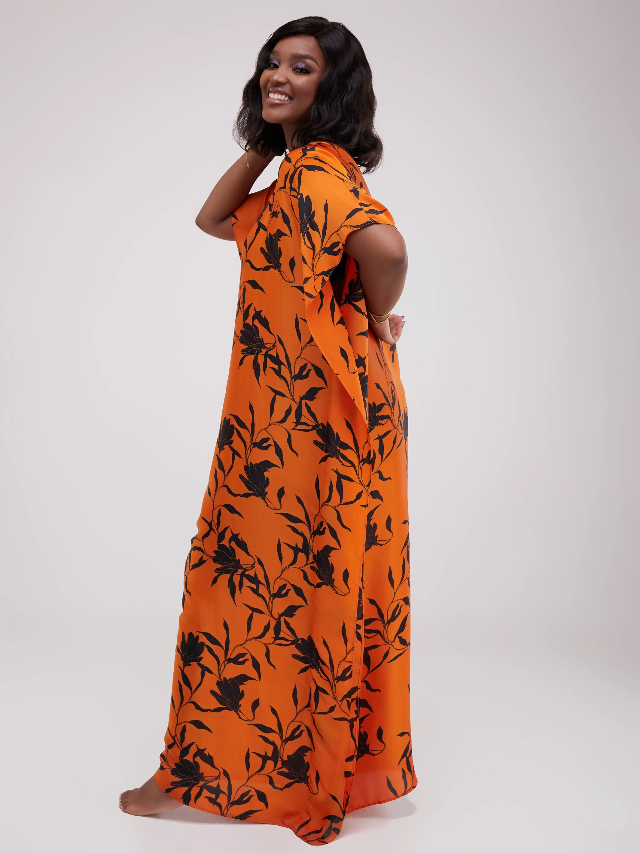Vivo Satin Maxi Dira Dress - Orange Floral Print
