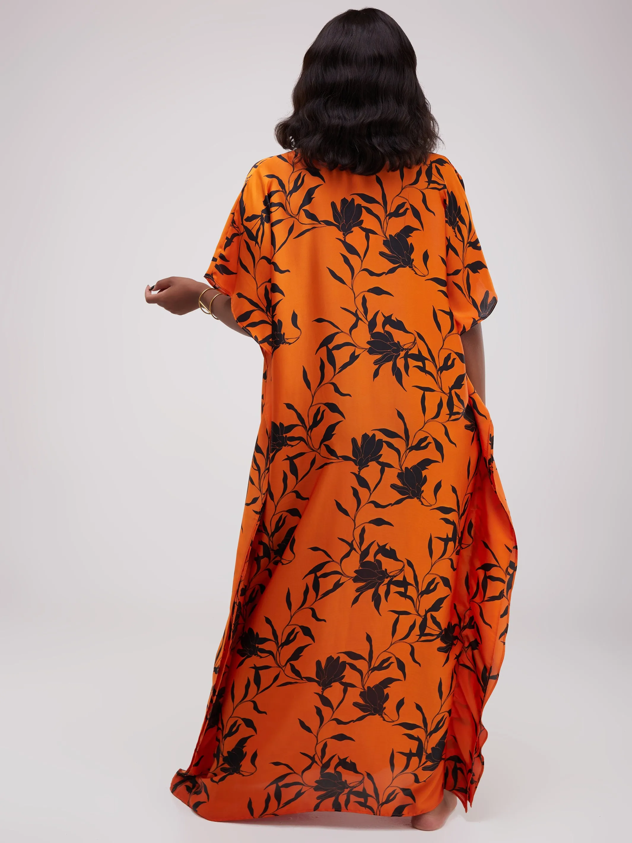 Vivo Satin Maxi Dira Dress - Orange Floral Print