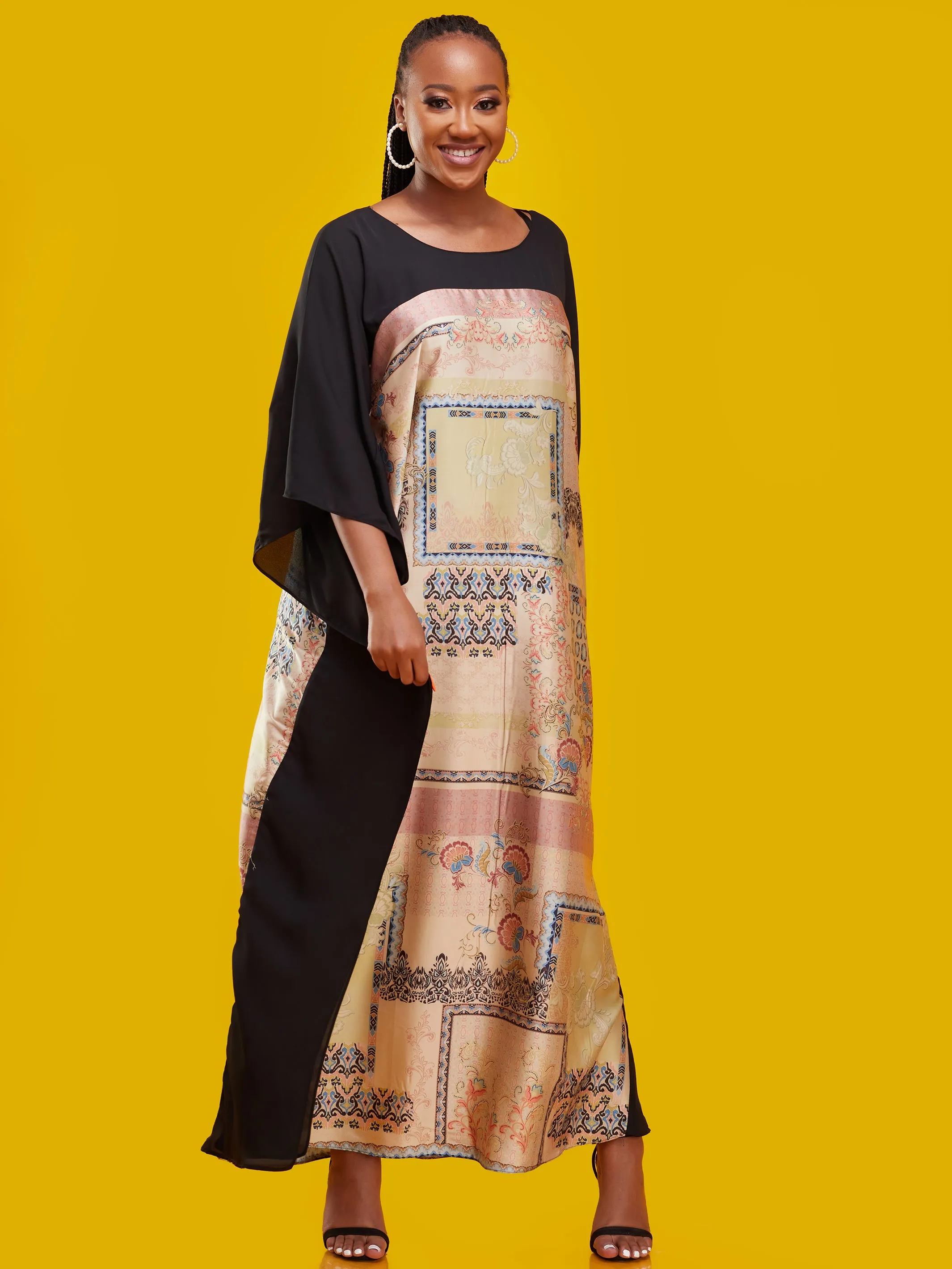 Vivo Watamu Border Maxi Kaftan - Buttermilk /  Pink Print