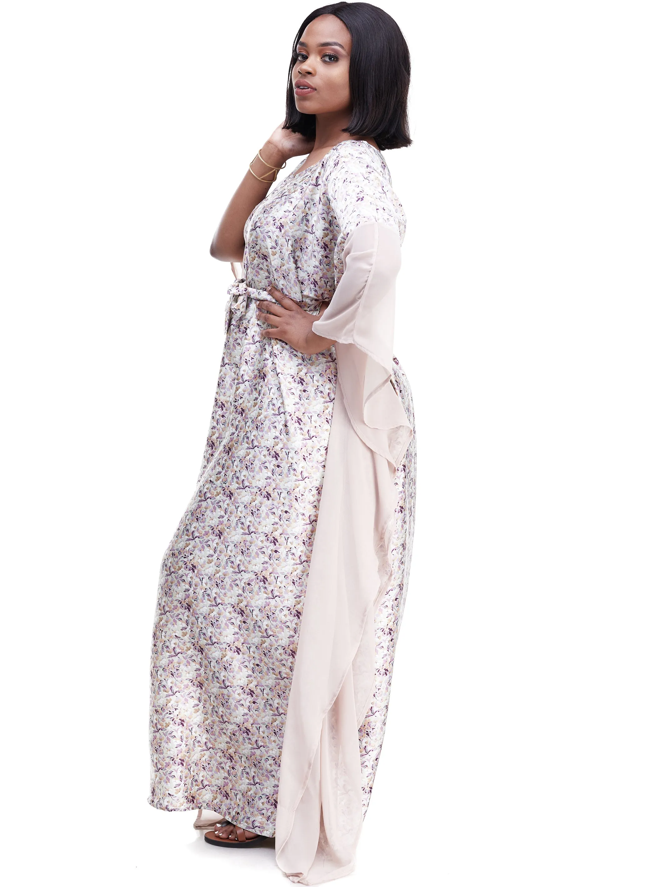 Vivo Watamu Side Border Belted Maxi Kaftan - Beige Print