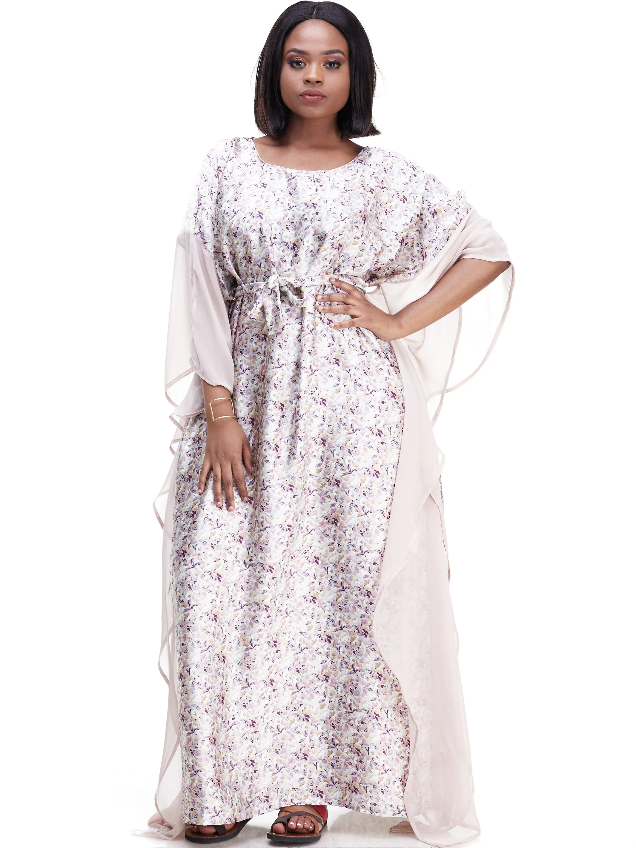 Vivo Watamu Side Border Belted Maxi Kaftan - Beige Print