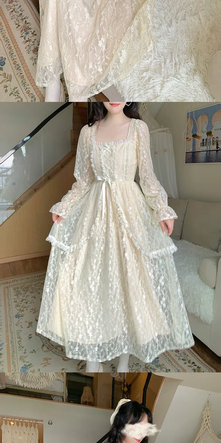 Winter Vintage Fairy Dress Women Lace Patchwork Lolita Party Midi Dress Female Korean Fashion Princess One Piece Dress