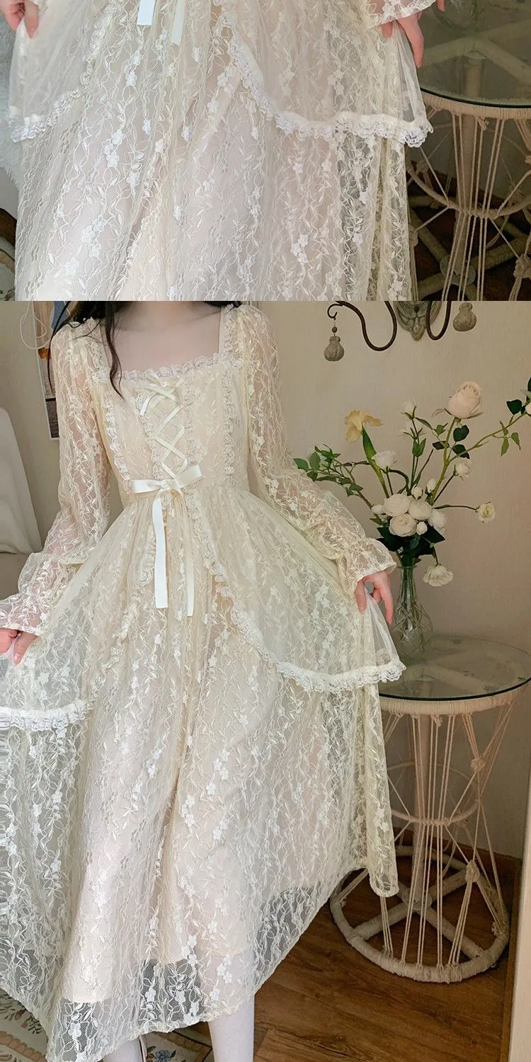 Winter Vintage Fairy Dress Women Lace Patchwork Lolita Party Midi Dress Female Korean Fashion Princess One Piece Dress