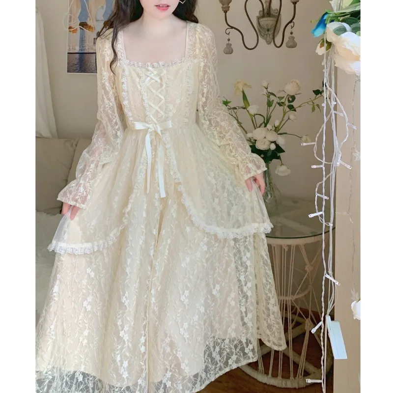 Winter Vintage Fairy Dress Women Lace Patchwork Lolita Party Midi Dress Female Korean Fashion Princess One Piece Dress
