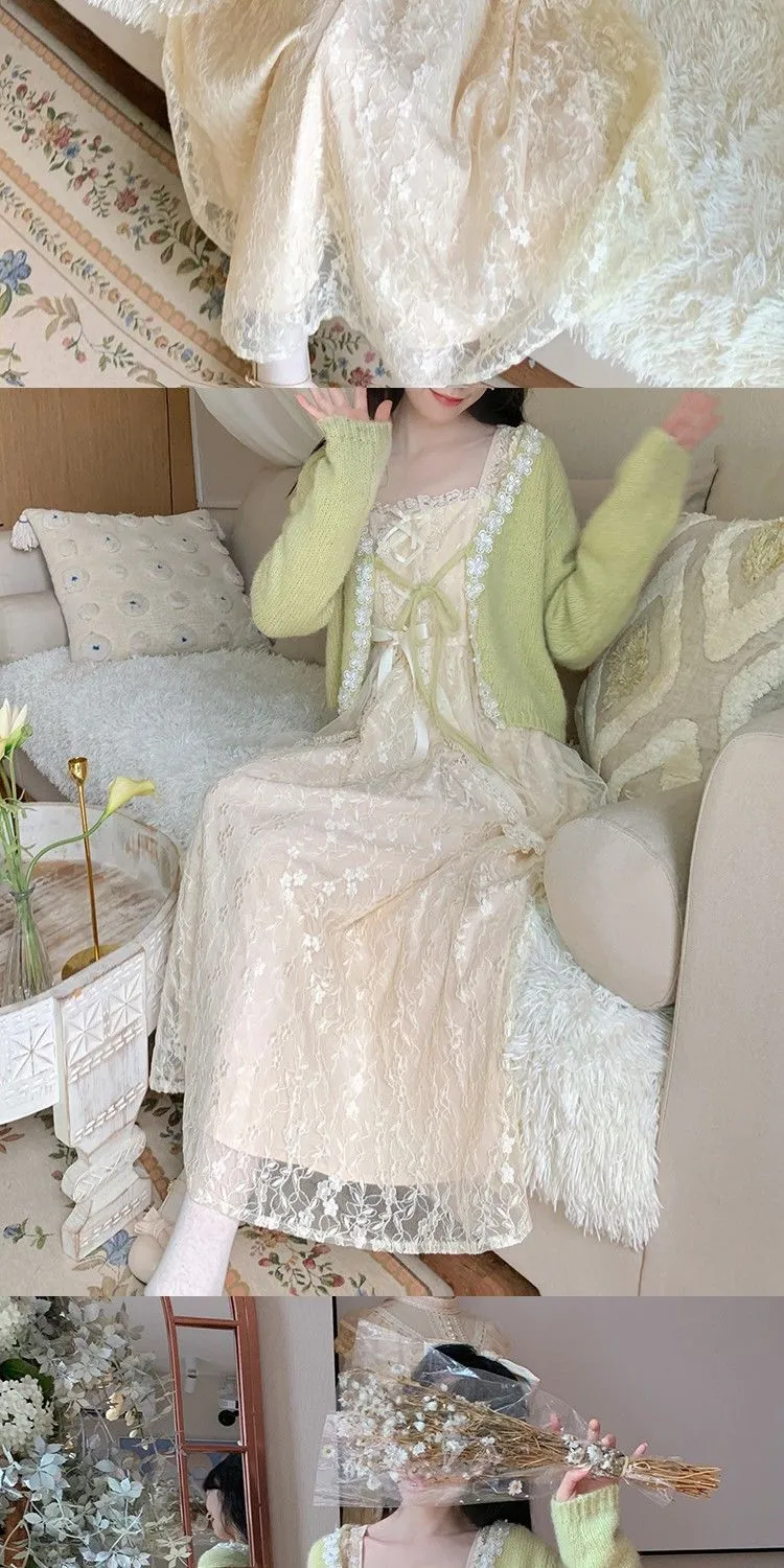 Winter Vintage Fairy Dress Women Lace Patchwork Lolita Party Midi Dress Female Korean Fashion Princess One Piece Dress